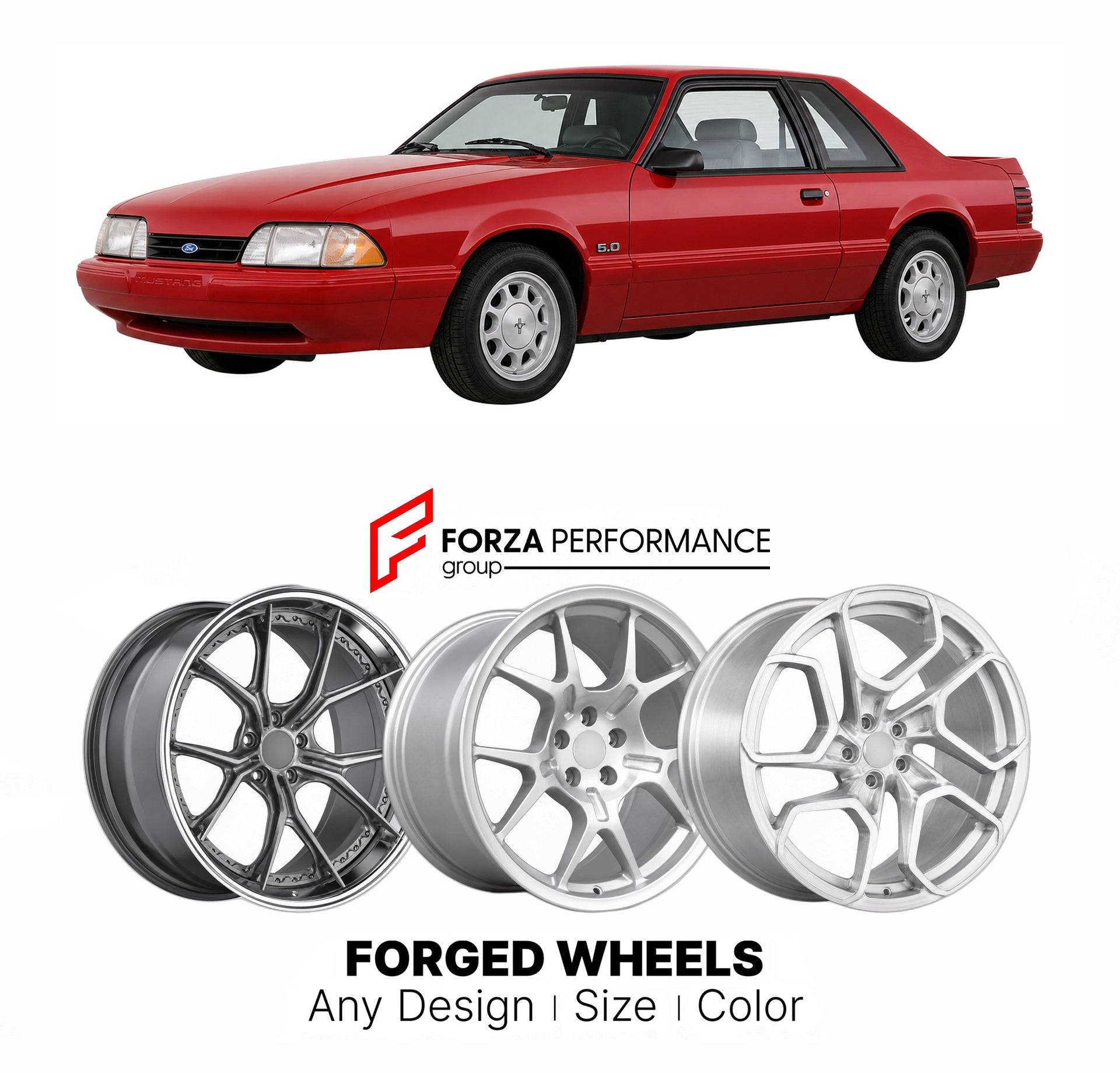 FORGED WHEELS RIMS for FORD MUSTANG LX 5.0 FOX BODY 1990 - 1993

Custom forged wheels for Ford Mustang LX 5.0 Fox Body 1990 - 1993. Made-to-order monoblock, 2-piece and 3-piece rims in custom sizes, offsets, colors and finishes with guaranteed fitment.

We manufacture premium quality forged wheels rims for Ford Mustang LX 5.0 Fox Body 1990 - 1993 in any design, size, color.

THIS WHEEL DESIGN CAN BE CUSTOM-MADE FOR YOUR CAR IN ANY SIZE AND COLOR OPTIONS
Available in monoblock, 2-piece, 3-piece, duoblock, be