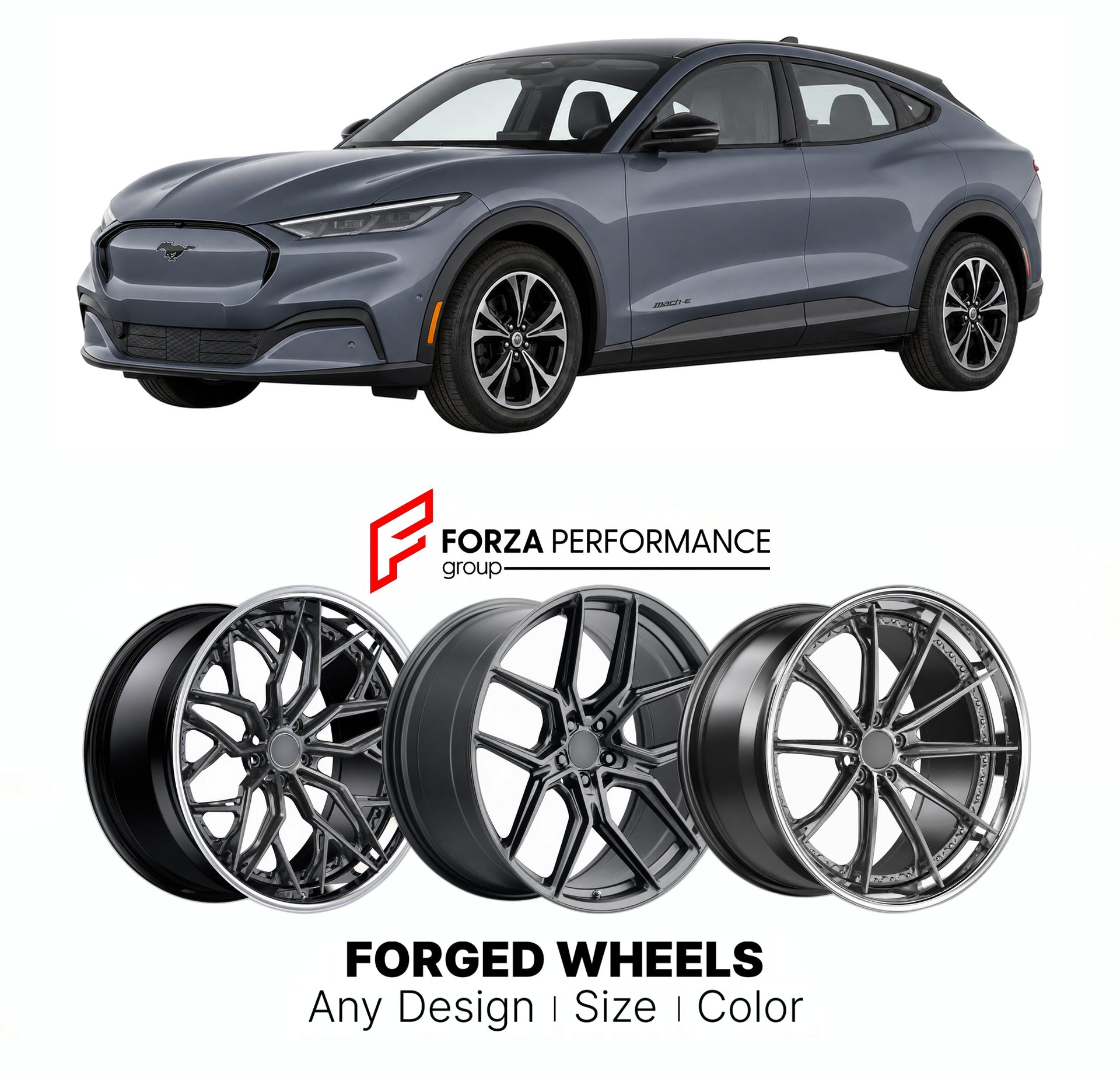 FORGED WHEELS RIMS for FORD MUSTANG MACH-E 2021+

Custom forged wheels for Ford Mustang Mach-E 2021+. Made-to-order monoblock, 2-piece and 3-piece rims in custom sizes, offsets, colors and finishes with guaranteed fitment.

We manufacture premium quality forged wheels rims for Ford Mustang Mach-E 2021+ in any design, size, color.

THIS WHEEL DESIGN CAN BE CUSTOM-MADE FOR YOUR CAR IN ANY SIZE AND COLOR OPTIONS
Available in monoblock, 2-piece, 3-piece, duoblock, beadlock
3D wheel renderings are provided accor