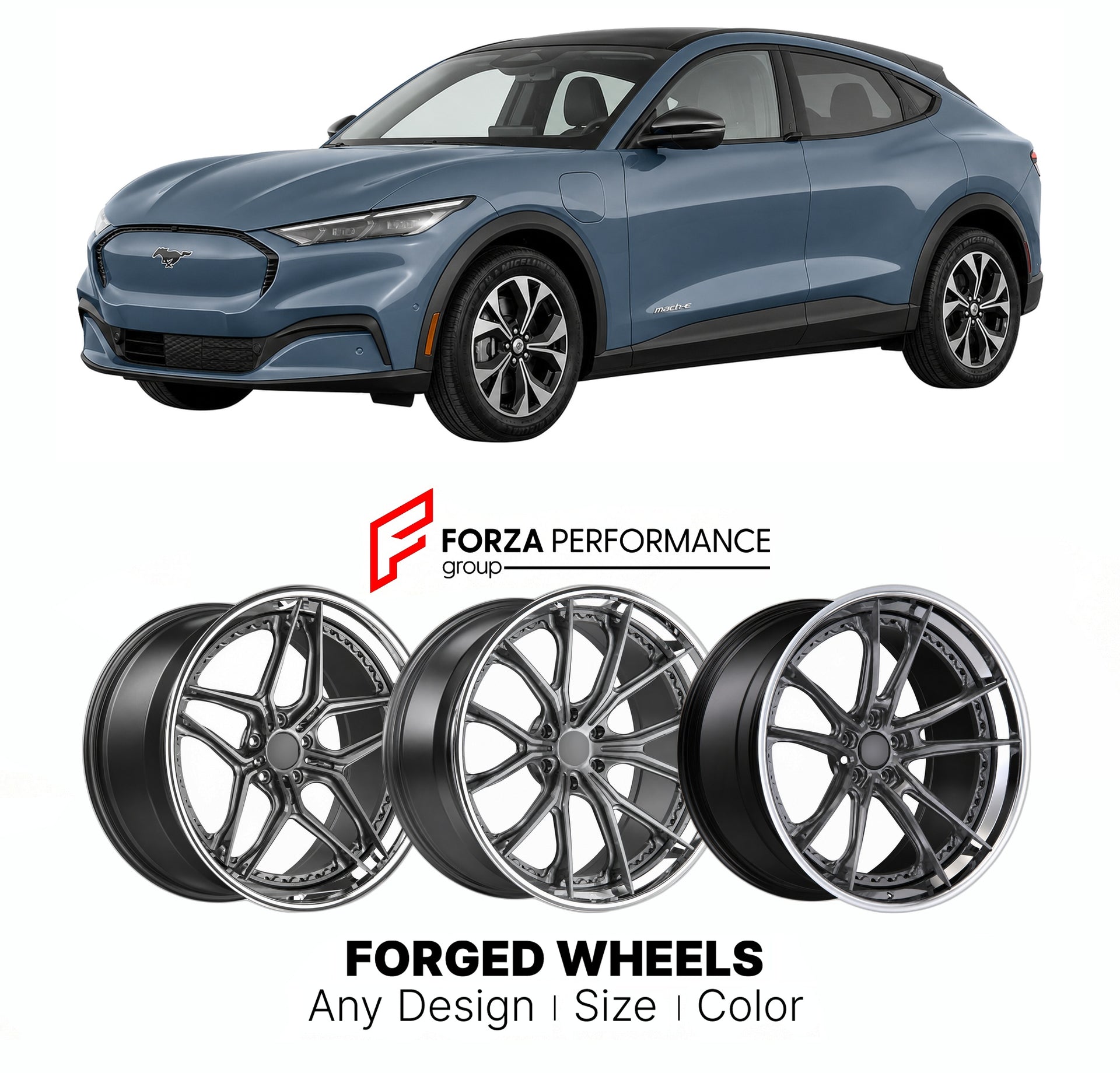 FORGED WHEELS RIMS for FORD MUSTANG MACH-E CALIFORNIA ROUTE 1 2021+

Custom forged wheels for Ford Mustang Mach-E California Route 1 2021+. Made-to-order monoblock, 2-piece and 3-piece rims in custom sizes, offsets, colors and finishes with guaranteed fitment.

We manufacture premium quality forged wheels rims for Ford Mustang Mach-E California Route 1 2021+ in any design, size, color.

THIS WHEEL DESIGN CAN BE CUSTOM-MADE FOR YOUR CAR IN ANY SIZE AND COLOR OPTIONS
Available in monoblock, 2-piece, 3-piece, 