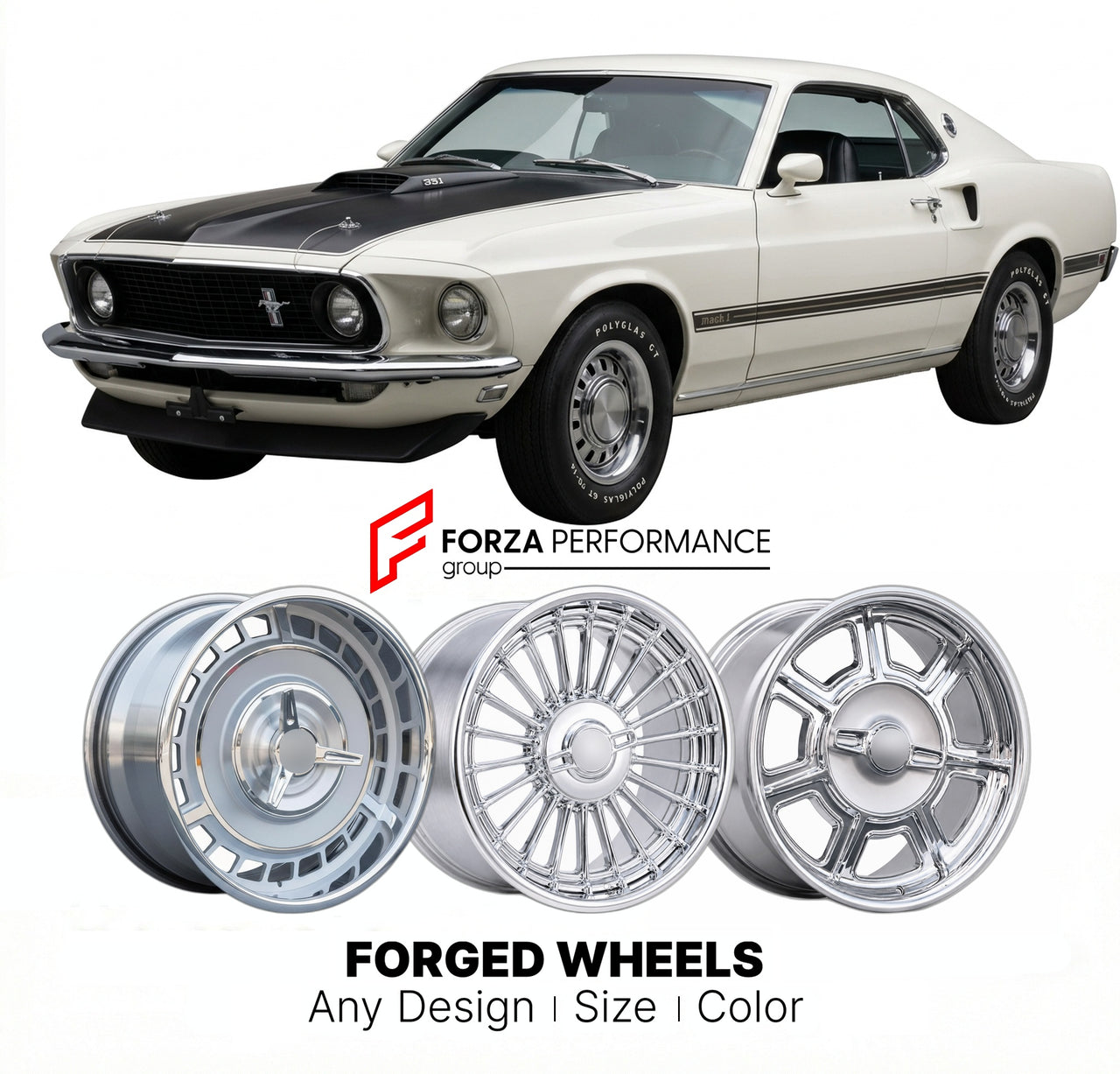 CUSTOM CLASSIC VINTAGE RESTOMOD RETRO OLD SCHOOL FORGED WHEELS RIMS for FORD MUSTANG MACH 1 1969 - 1973
Custom forged wheels for classic American muscle cars. Ideal for restomod builds, vintage restorations, and show cars. Deep dish and retro styling available.

We manufacture premium quality forged wheels rims for Ford Mustang Mach 1 1969 - 1973 in any design, size, color.

THIS WHEEL DESIGN CAN BE CUSTOM-MADE FOR YOUR CAR IN ANY SIZE AND COLOR OPTIONS
Available in monoblock, 2-piece, 3-piece, duoblock, be