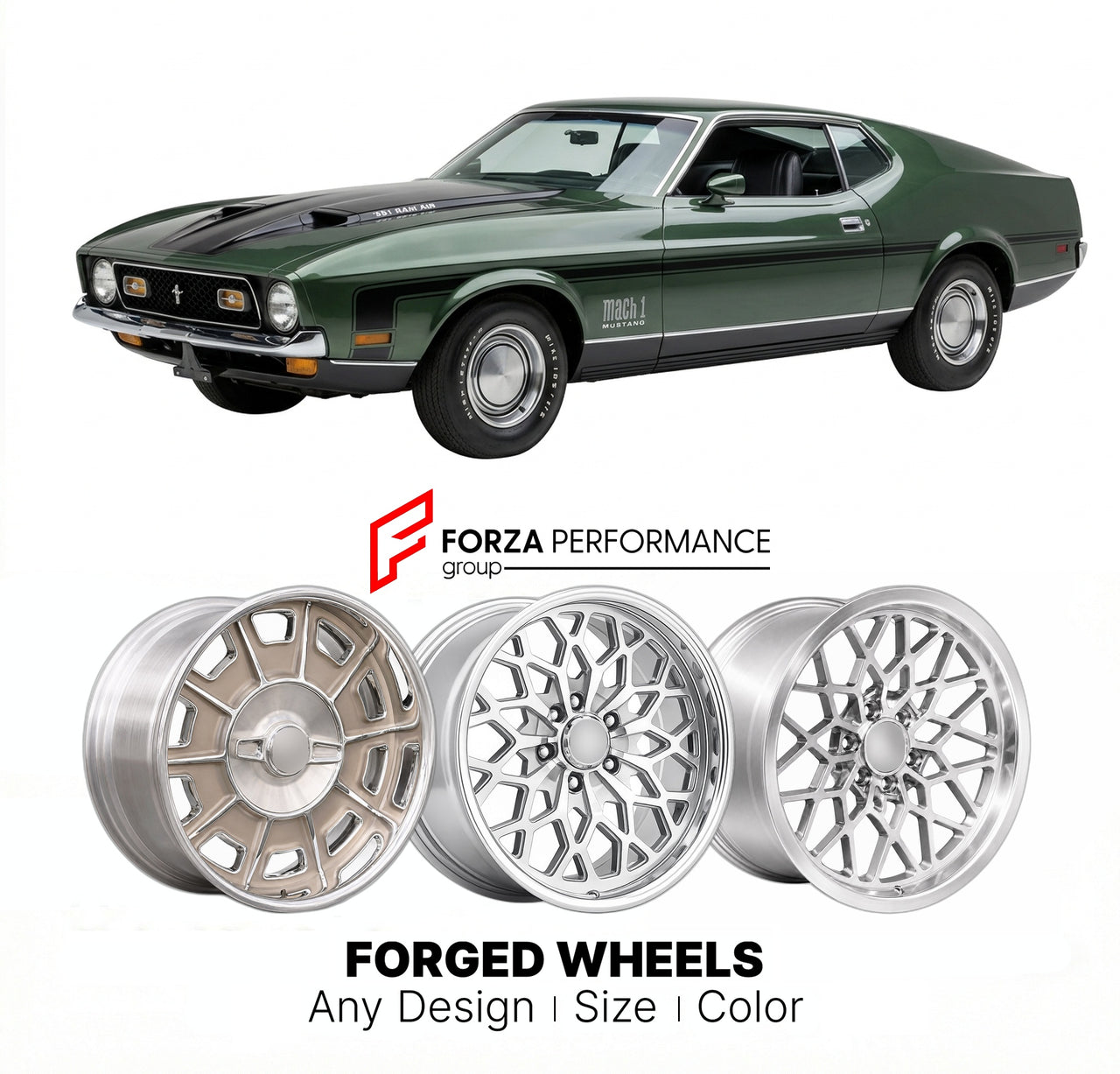 CUSTOM CLASSIC VINTAGE RESTOMOD RETRO OLD SCHOOL FORGED WHEELS RIMS for FORD MUSTANG MACH 1 351 1969 - 1973
Custom forged wheels for classic American muscle cars. Ideal for restomod builds, vintage restorations, and show cars. Deep dish and retro styling available.

We manufacture premium quality forged wheels rims for Ford Mustang Mach 1 351 1969 - 1973 in any design, size, color.

THIS WHEEL DESIGN CAN BE CUSTOM-MADE FOR YOUR CAR IN ANY SIZE AND COLOR OPTIONS
Available in monoblock, 2-piece, 3-piece, duob