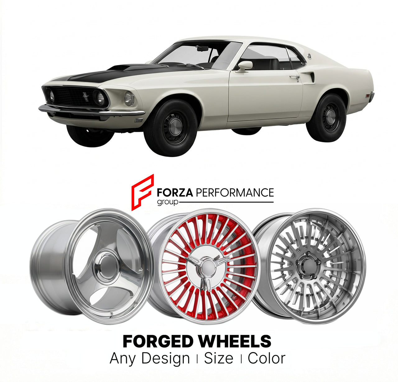 CUSTOM CLASSIC VINTAGE RESTOMOD RETRO OLD SCHOOL FORGED WHEELS RIMS for FORD MUSTANG MACH 1 428 1969 - 1970
Custom forged wheels for classic American muscle cars. Ideal for restomod builds, vintage restorations, and show cars. Deep dish and retro styling available.

We manufacture premium quality forged wheels rims for Ford Mustang Mach 1 428 1969 - 1970 in any design, size, color.

THIS WHEEL DESIGN CAN BE CUSTOM-MADE FOR YOUR CAR IN ANY SIZE AND COLOR OPTIONS
Available in monoblock, 2-piece, 3-piece, duob