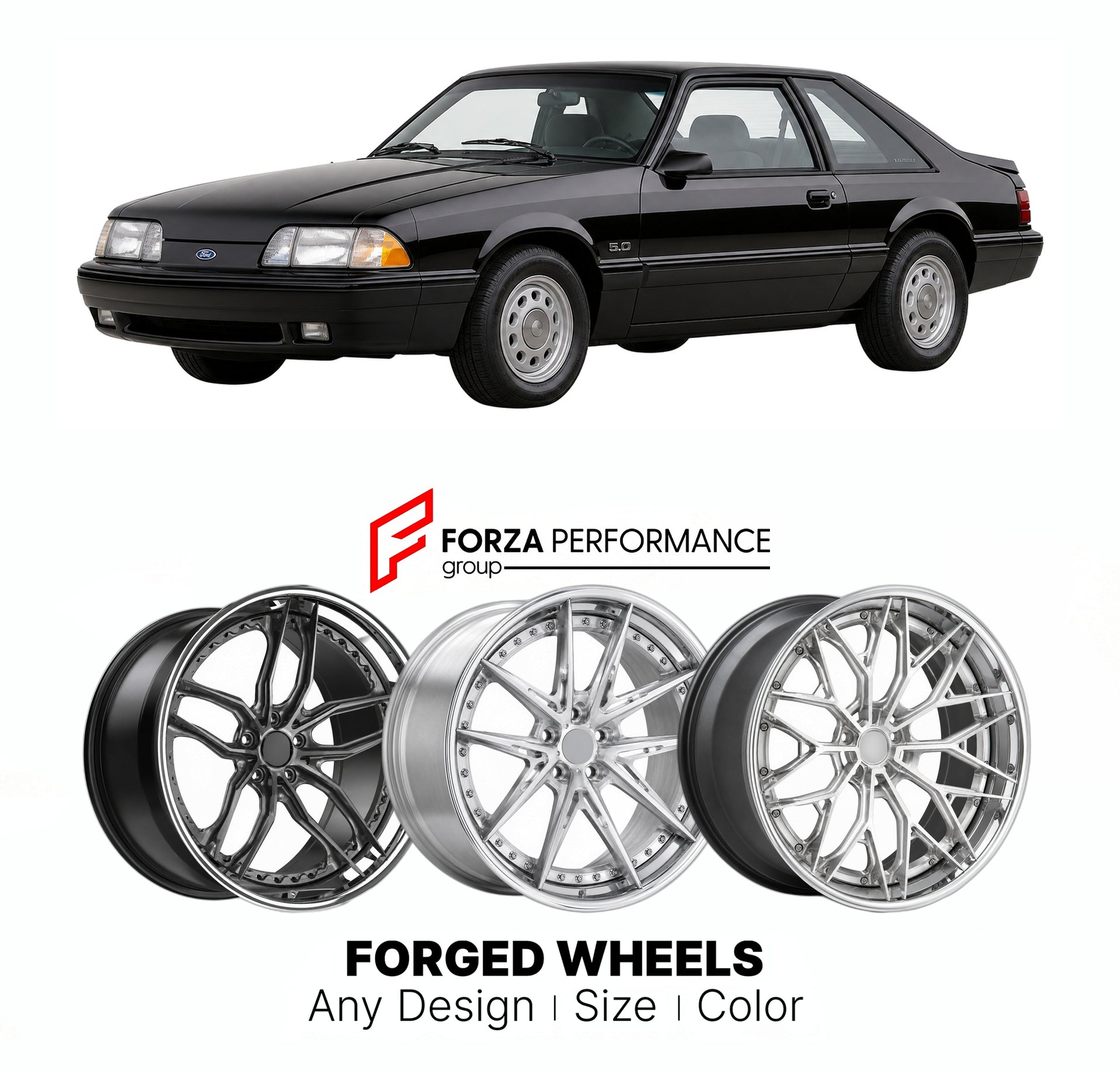 FORGED WHEELS RIMS for FORD MUSTANG SSP POLICE PACKAGE FOX BODY 1990 - 1993

Custom forged wheels for Ford Mustang SSP Police Package Fox Body 1990 - 1993. Made-to-order monoblock, 2-piece and 3-piece rims in custom sizes, offsets, colors and finishes with guaranteed fitment.

We manufacture premium quality forged wheels rims for Ford Mustang SSP Police Package Fox Body 1990 - 1993 in any design, size, color.

THIS WHEEL DESIGN CAN BE CUSTOM-MADE FOR YOUR CAR IN ANY SIZE AND COLOR OPTIONS
Available in monob