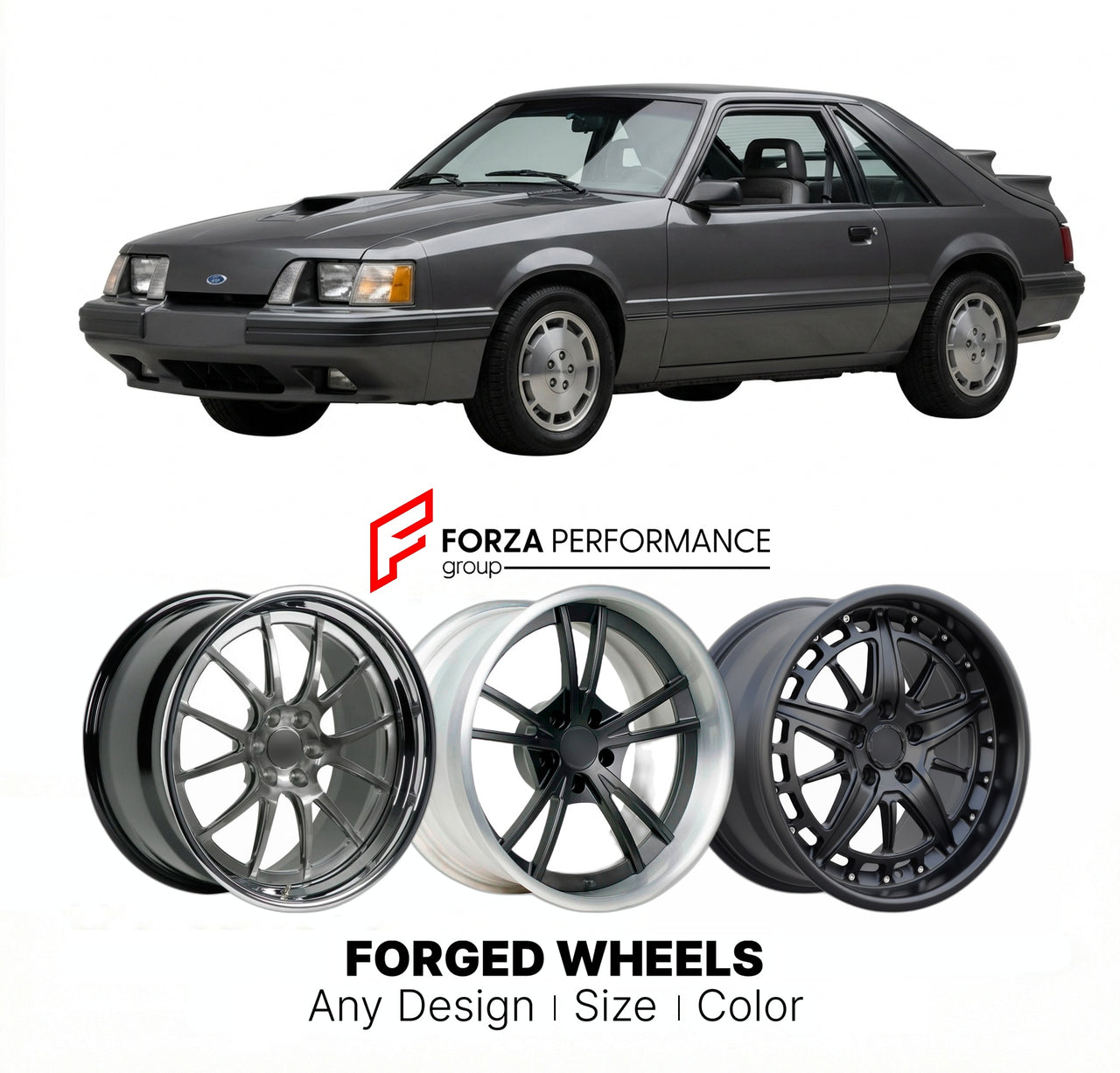 CUSTOM CLASSIC VINTAGE RESTOMOD RETRO OLD SCHOOL FORGED WHEELS RIMS for FORD MUSTANG SVO 1984 - 1986
Custom forged wheels for classic American muscle cars. Ideal for restomod builds, vintage restorations, and show cars. Deep dish and retro styling available.

We manufacture premium quality forged wheels rims for Ford Mustang SVO 1984 - 1986 in any design, size, color.

THIS WHEEL DESIGN CAN BE CUSTOM-MADE FOR YOUR CAR IN ANY SIZE AND COLOR OPTIONS
Available in monoblock, 2-piece, 3-piece, duoblock, beadlock