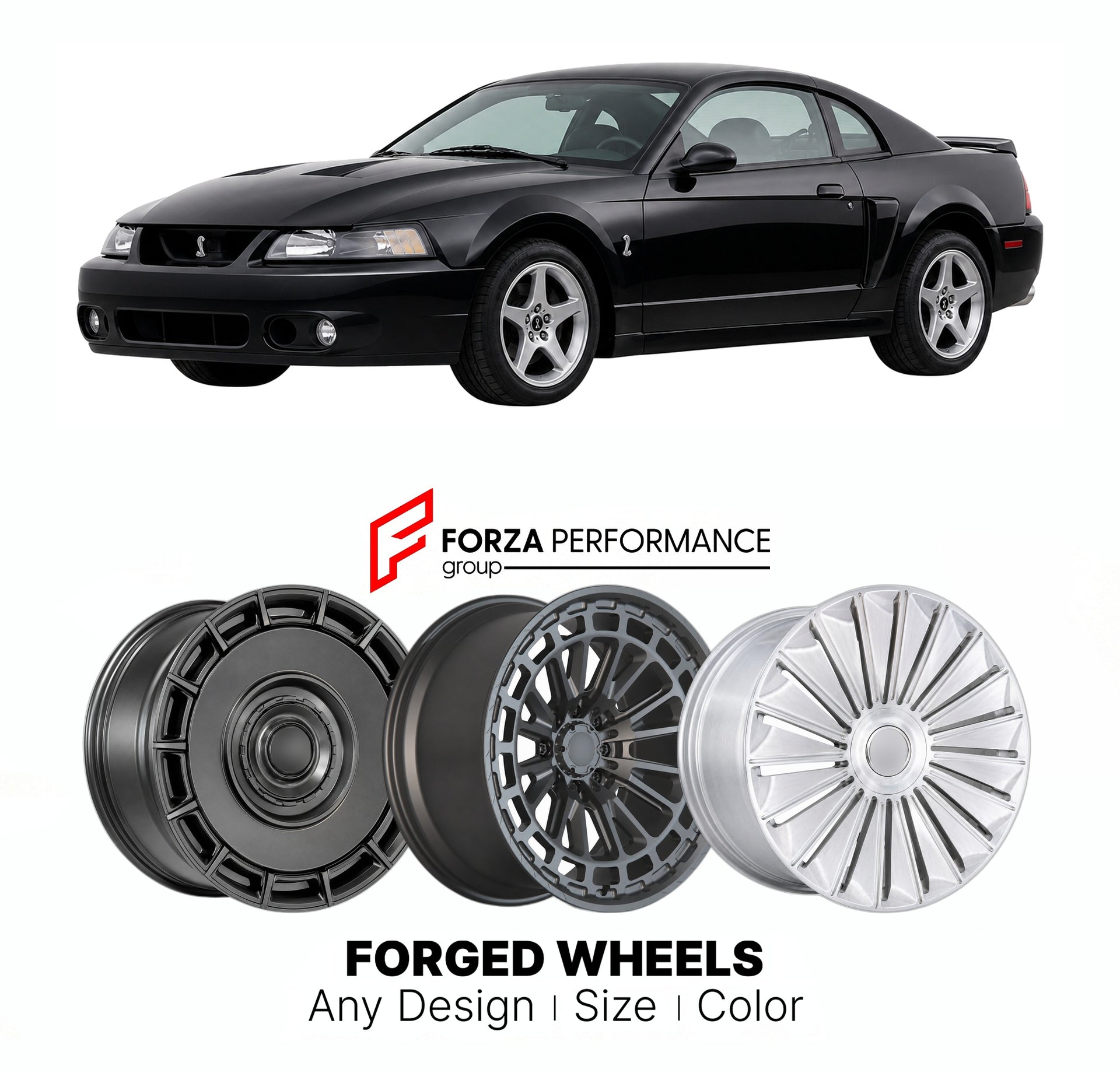 FORGED WHEELS RIMS for FORD MUSTANG SVT COBRA NEW EDGE 1999 - 2004

Custom forged wheels for Ford Mustang SVT Cobra New Edge 1999 - 2004. Made-to-order monoblock, 2-piece and 3-piece rims in custom sizes, offsets, colors and finishes with guaranteed fitment.

We manufacture premium quality forged wheels rims for Ford Mustang SVT Cobra New Edge 1999 - 2004 in any design, size, color.

THIS WHEEL DESIGN CAN BE CUSTOM-MADE FOR YOUR CAR IN ANY SIZE AND COLOR OPTIONS
Available in monoblock, 2-piece, 3-piece, duo