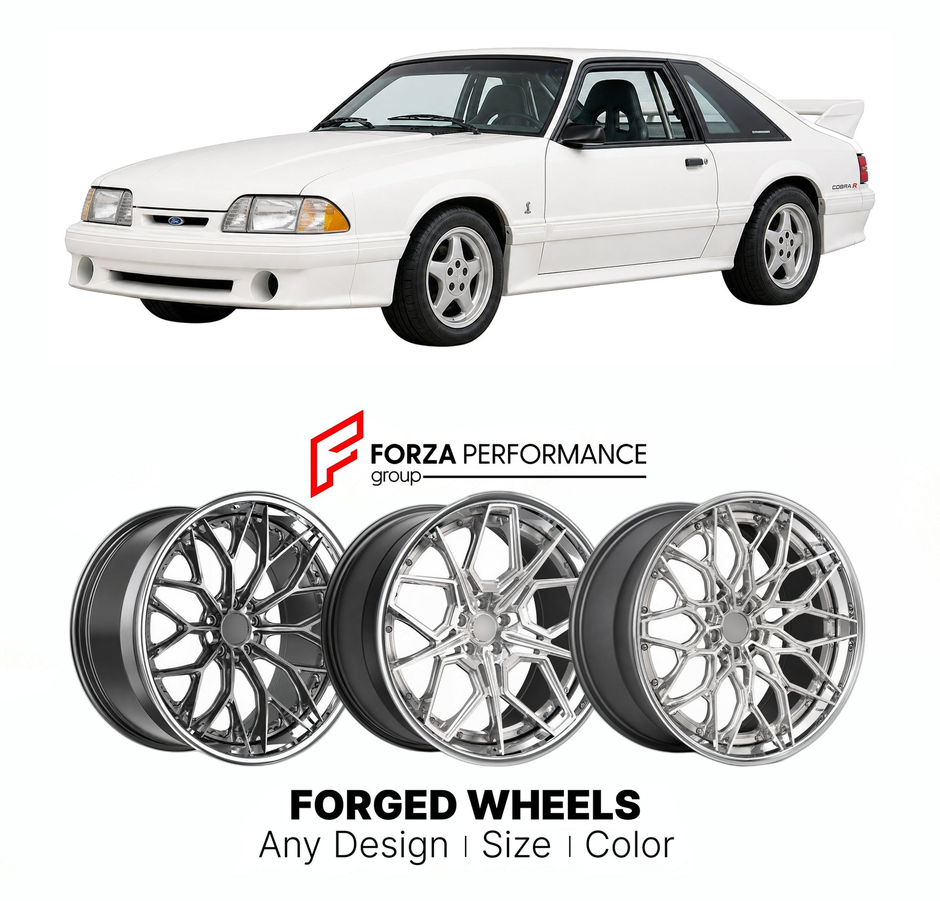 FORGED WHEELS RIMS for FORD MUSTANG SVT COBRA R FOX BODY 1990 - 1993

Custom forged wheels for Ford Mustang SVT Cobra R Fox Body 1990 - 1993. Made-to-order monoblock, 2-piece and 3-piece rims in custom sizes, offsets, colors and finishes with guaranteed fitment.

We manufacture premium quality forged wheels rims for Ford Mustang SVT Cobra R Fox Body 1990 - 1993 in any design, size, color.

THIS WHEEL DESIGN CAN BE CUSTOM-MADE FOR YOUR CAR IN ANY SIZE AND COLOR OPTIONS
Available in monoblock, 2-piece, 3-piec