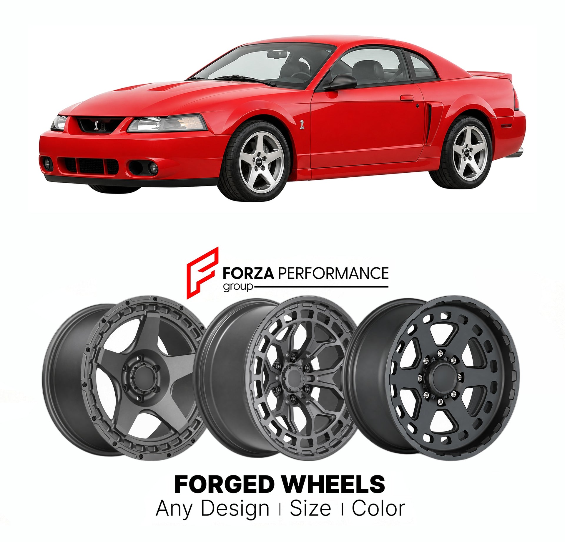 FORGED WHEELS RIMS for FORD MUSTANG SVT COBRA TERMINATOR NEW EDGE 1999 - 2004

Custom forged wheels for Ford Mustang SVT Cobra Terminator New Edge 1999 - 2004. Made-to-order monoblock, 2-piece and 3-piece rims in custom sizes, offsets, colors and finishes with guaranteed fitment.

We manufacture premium quality forged wheels rims for Ford Mustang SVT Cobra Terminator New Edge 1999 - 2004 in any design, size, color.

THIS WHEEL DESIGN CAN BE CUSTOM-MADE FOR YOUR CAR IN ANY SIZE AND COLOR OPTIONS
Available in