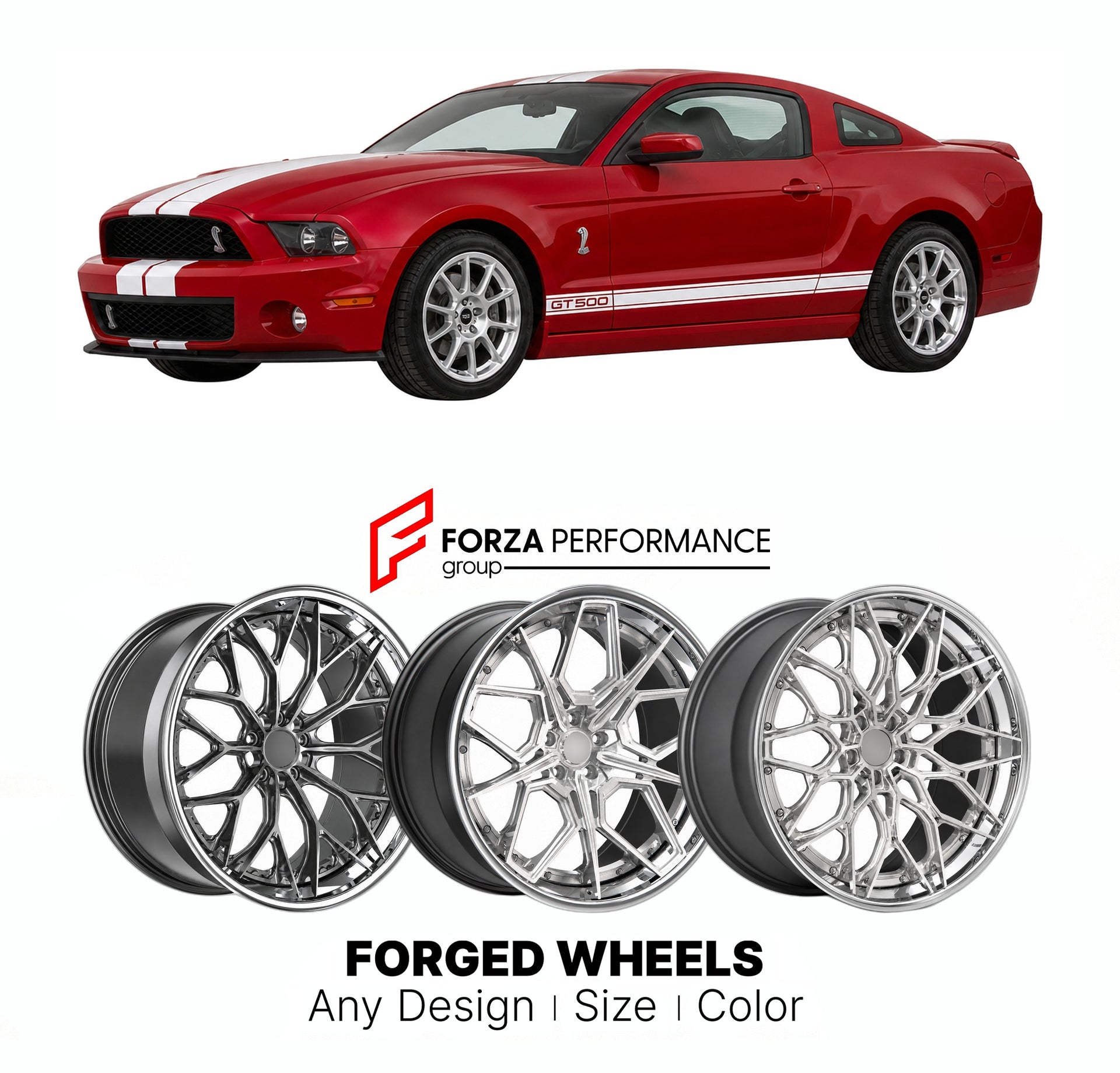 FORGED WHEELS RIMS for FORD MUSTANG SHELBY GT500 S197 2007 - 2014

Custom forged wheels for Ford Mustang Shelby GT500 S197 2007 - 2014. Made-to-order monoblock, 2-piece and 3-piece rims in custom sizes, offsets, colors and finishes with guaranteed fitment.

We manufacture premium quality forged wheels rims for Ford Mustang Shelby GT500 S197 2007 - 2014 in any design, size, color.

THIS WHEEL DESIGN CAN BE CUSTOM-MADE FOR YOUR CAR IN ANY SIZE AND COLOR OPTIONS
Available in monoblock, 2-piece, 3-piece, duoblo