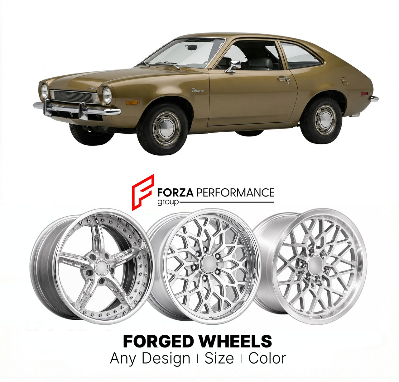 CUSTOM CLASSIC VINTAGE RESTOMOD RETRO OLD SCHOOL FORGED WHEELS RIMS for FORD PINTO 1971 - 1980
Custom forged wheels for classic American muscle cars. Ideal for restomod builds, vintage restorations, and show cars. Deep dish and retro styling available.

We manufacture premium quality forged wheels rims for Ford Pinto 1971 - 1980 in any design, size, color.

THIS WHEEL DESIGN CAN BE CUSTOM-MADE FOR YOUR CAR IN ANY SIZE AND COLOR OPTIONS
Available in monoblock, 2-piece, 3-piece, duoblock, beadlock
3D wheel re