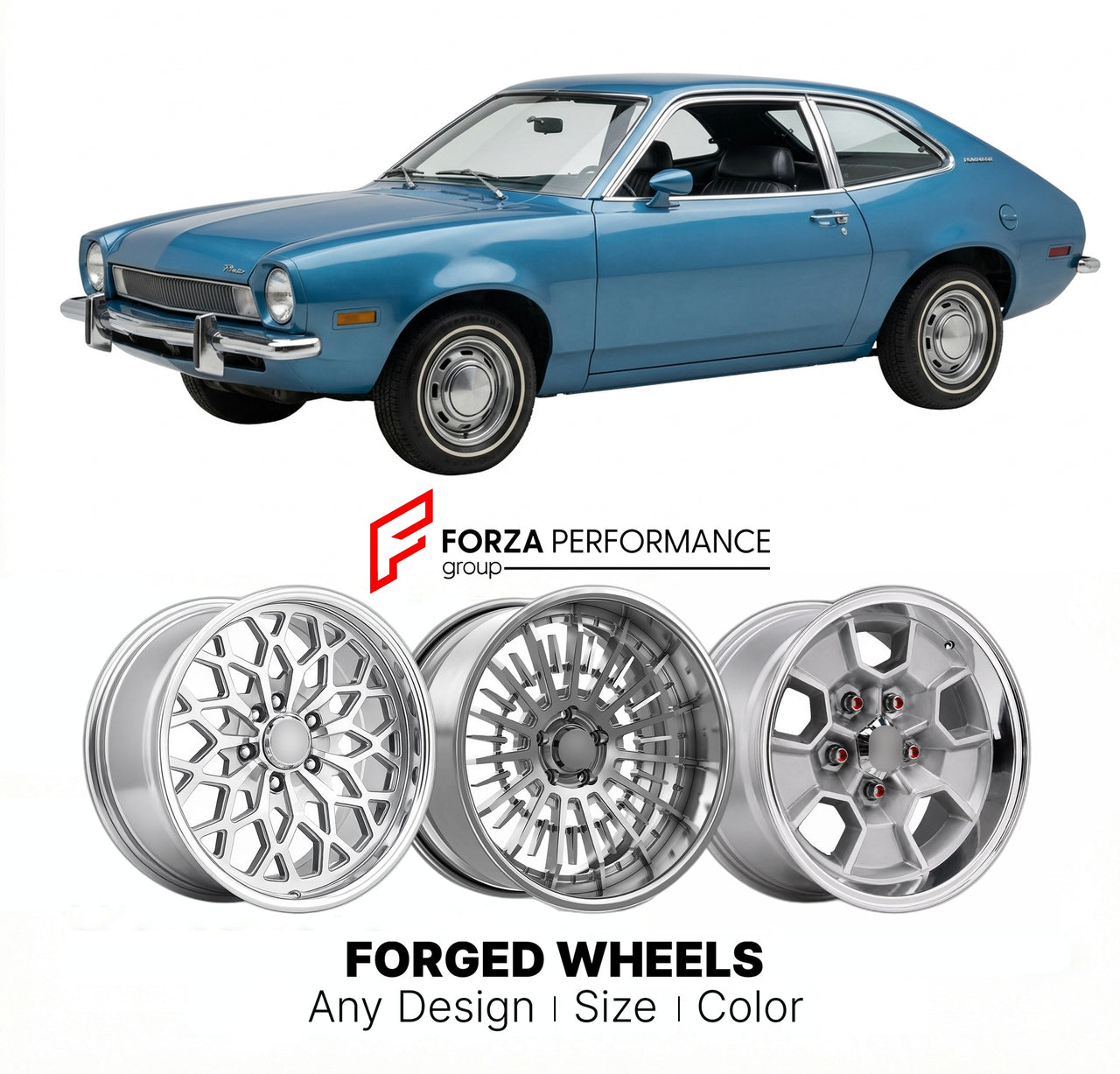 CUSTOM CLASSIC VINTAGE RESTOMOD RETRO OLD SCHOOL FORGED WHEELS RIMS for FORD PINTO RUNABOUT 1971 - 1980
Custom forged wheels for classic American muscle cars. Ideal for restomod builds, vintage restorations, and show cars. Deep dish and retro styling available.

We manufacture premium quality forged wheels rims for Ford Pinto Runabout 1971 - 1980 in any design, size, color.

THIS WHEEL DESIGN CAN BE CUSTOM-MADE FOR YOUR CAR IN ANY SIZE AND COLOR OPTIONS
Available in monoblock, 2-piece, 3-piece, duoblock, be