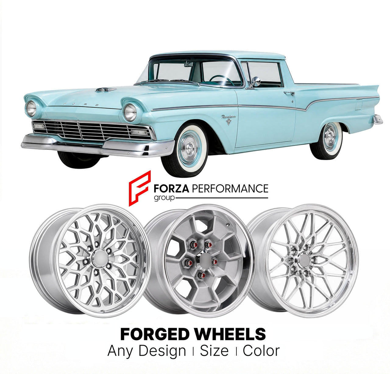 CUSTOM CLASSIC VINTAGE RESTOMOD RETRO OLD SCHOOL FORGED WHEELS RIMS for FORD RANCHERO 1958 - 1979
Custom forged wheels for classic American muscle cars. Ideal for restomod builds, vintage restorations, and show cars. Deep dish and retro styling available.

We manufacture premium quality forged wheels rims for Ford Ranchero 1958 - 1979 in any design, size, color.

THIS WHEEL DESIGN CAN BE CUSTOM-MADE FOR YOUR CAR IN ANY SIZE AND COLOR OPTIONS
Available in monoblock, 2-piece, 3-piece, duoblock, beadlock
3D wh