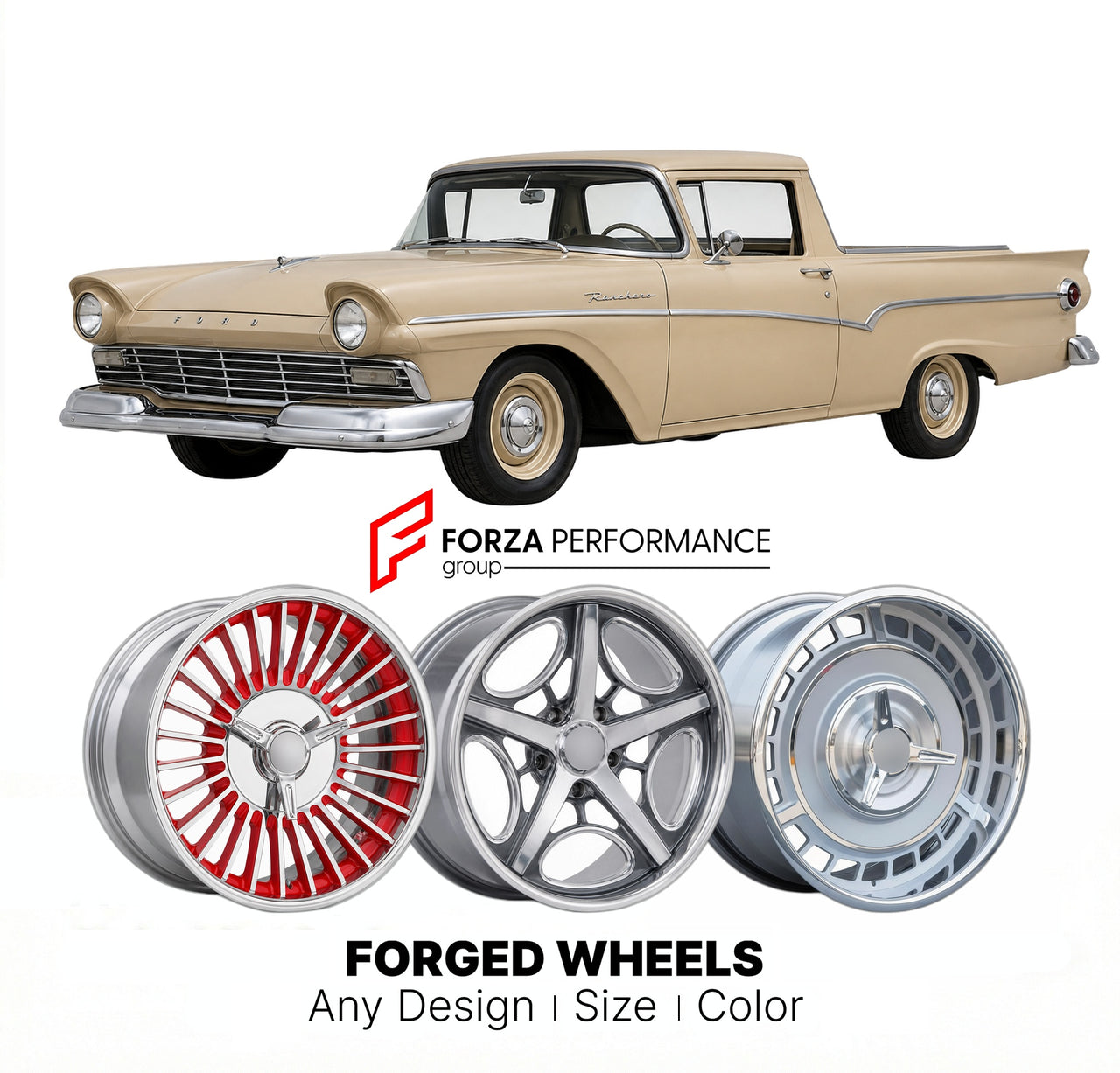 CUSTOM CLASSIC VINTAGE RESTOMOD RETRO OLD SCHOOL FORGED WHEELS RIMS for FORD RANCHERO 1959
Custom forged wheels for classic American muscle cars. Ideal for restomod builds, vintage restorations, and show cars. Deep dish and retro styling available.

We manufacture premium quality forged wheels rims for Ford Ranchero 1959 in any design, size, color.

THIS WHEEL DESIGN CAN BE CUSTOM-MADE FOR YOUR CAR IN ANY SIZE AND COLOR OPTIONS
Available in monoblock, 2-piece, 3-piece, duoblock, beadlock
3D wheel renderings