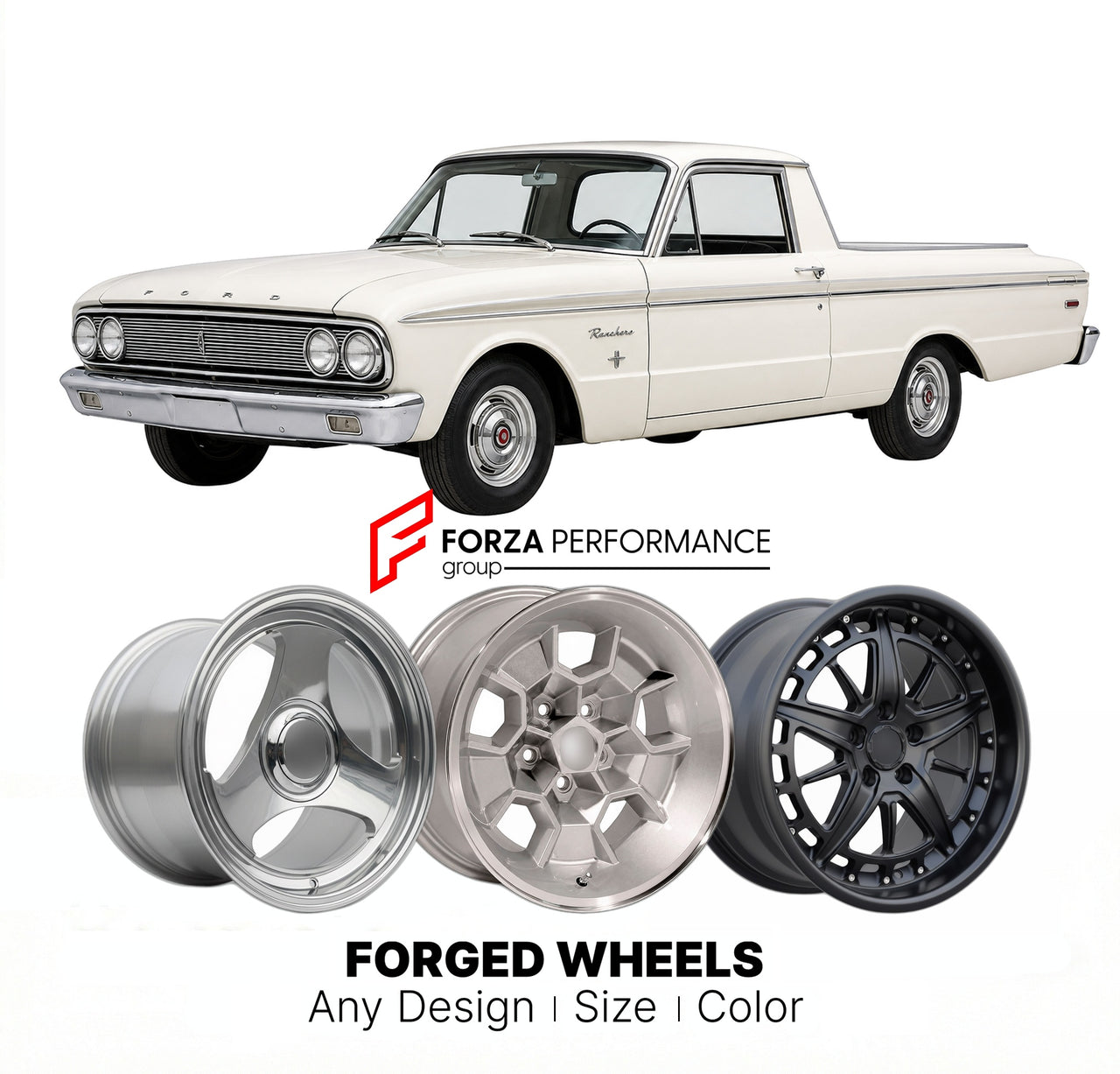 CUSTOM CLASSIC VINTAGE RESTOMOD RETRO OLD SCHOOL FORGED WHEELS RIMS for FORD RANCHERO 1960 - 1965
Custom forged wheels for classic American muscle cars. Ideal for restomod builds, vintage restorations, and show cars. Deep dish and retro styling available.

We manufacture premium quality forged wheels rims for Ford Ranchero 1960 - 1965 in any design, size, color.

THIS WHEEL DESIGN CAN BE CUSTOM-MADE FOR YOUR CAR IN ANY SIZE AND COLOR OPTIONS
Available in monoblock, 2-piece, 3-piece, duoblock, beadlock
3D wh