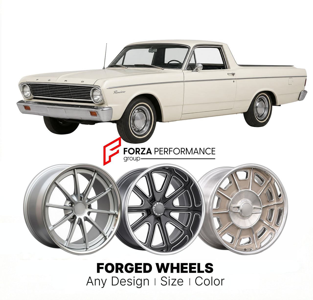 CUSTOM CLASSIC VINTAGE RESTOMOD RETRO OLD SCHOOL FORGED WHEELS RIMS for FORD RANCHERO 1966 - 1967
Custom forged wheels for classic American muscle cars. Ideal for restomod builds, vintage restorations, and show cars. Deep dish and retro styling available.

We manufacture premium quality forged wheels rims for Ford Ranchero 1966 - 1967 in any design, size, color.

THIS WHEEL DESIGN CAN BE CUSTOM-MADE FOR YOUR CAR IN ANY SIZE AND COLOR OPTIONS
Available in monoblock, 2-piece, 3-piece, duoblock, beadlock
3D wh