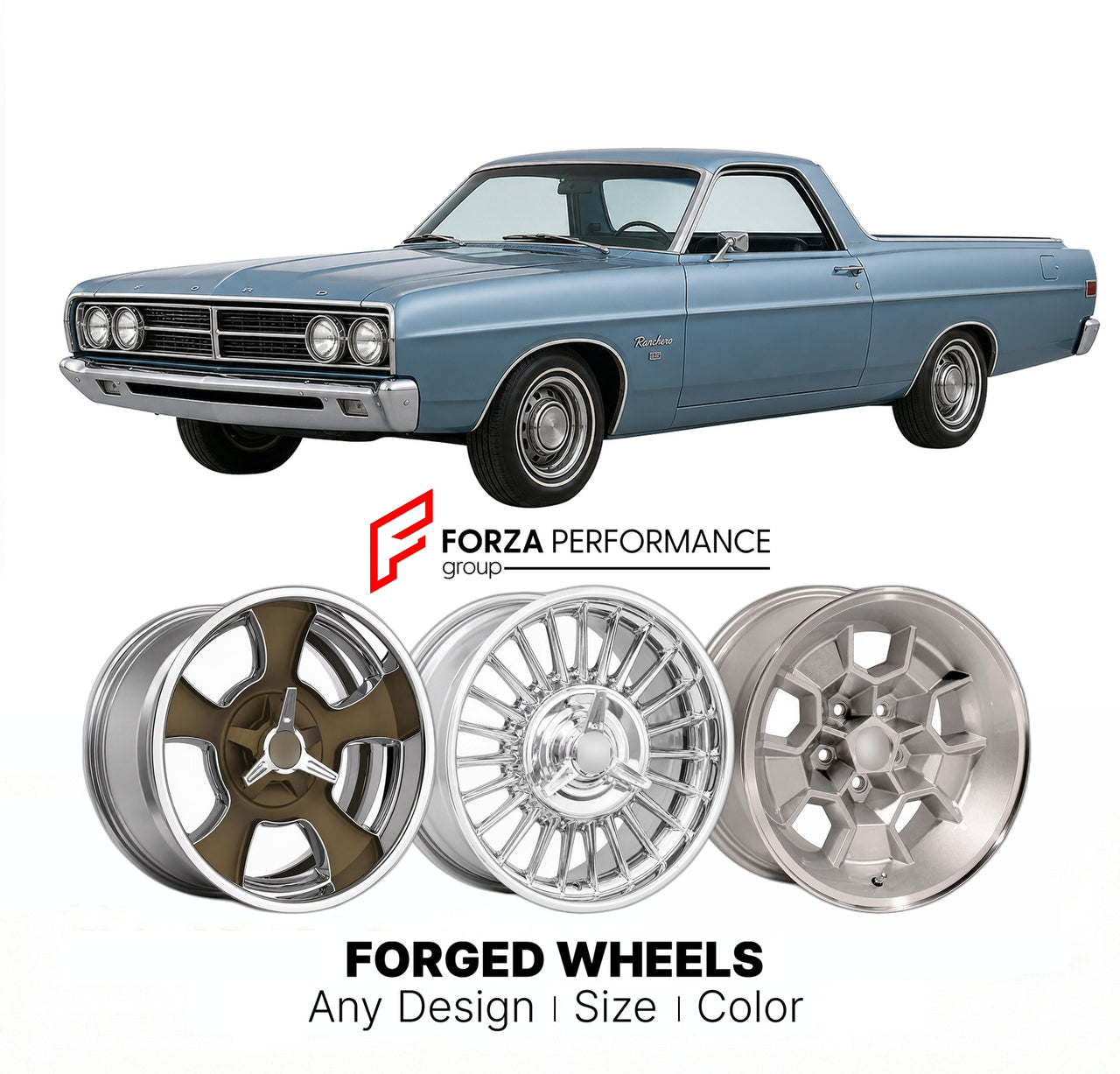 CUSTOM CLASSIC VINTAGE RESTOMOD RETRO OLD SCHOOL FORGED WHEELS RIMS for FORD RANCHERO 1968 - 1969
Custom forged wheels for classic American muscle cars. Ideal for restomod builds, vintage restorations, and show cars. Deep dish and retro styling available.

We manufacture premium quality forged wheels rims for Ford Ranchero 1968 - 1969 in any design, size, color.

THIS WHEEL DESIGN CAN BE CUSTOM-MADE FOR YOUR CAR IN ANY SIZE AND COLOR OPTIONS
Available in monoblock, 2-piece, 3-piece, duoblock, beadlock
3D wh