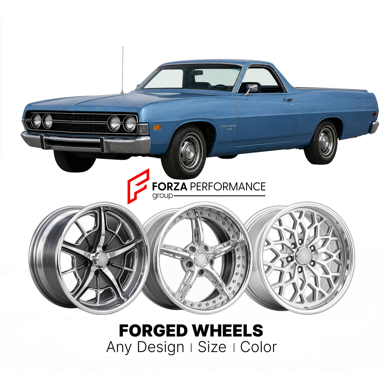 CUSTOM CLASSIC VINTAGE RESTOMOD RETRO OLD SCHOOL FORGED WHEELS RIMS for FORD RANCHERO 1970 - 1971
Custom forged wheels for classic American muscle cars. Ideal for restomod builds, vintage restorations, and show cars. Deep dish and retro styling available.

We manufacture premium quality forged wheels rims for Ford Ranchero 1970 - 1971 in any design, size, color.

THIS WHEEL DESIGN CAN BE CUSTOM-MADE FOR YOUR CAR IN ANY SIZE AND COLOR OPTIONS
Available in monoblock, 2-piece, 3-piece, duoblock, beadlock
3D wh