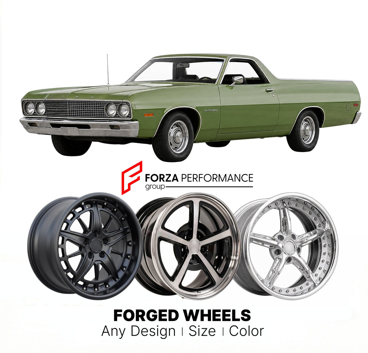 CUSTOM CLASSIC VINTAGE RESTOMOD RETRO OLD SCHOOL FORGED WHEELS RIMS for FORD RANCHERO 1972 - 1976
Custom forged wheels for classic American muscle cars. Ideal for restomod builds, vintage restorations, and show cars. Deep dish and retro styling available.

We manufacture premium quality forged wheels rims for Ford Ranchero 1972 - 1976 in any design, size, color.

THIS WHEEL DESIGN CAN BE CUSTOM-MADE FOR YOUR CAR IN ANY SIZE AND COLOR OPTIONS
Available in monoblock, 2-piece, 3-piece, duoblock, beadlock
3D wh