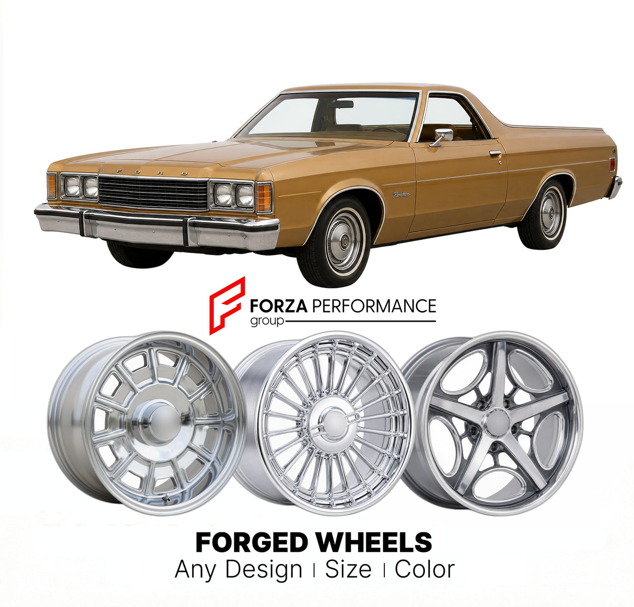 CUSTOM CLASSIC VINTAGE RESTOMOD RETRO OLD SCHOOL FORGED WHEELS RIMS for FORD RANCHERO 1977 - 1979
Custom forged wheels for classic American muscle cars. Ideal for restomod builds, vintage restorations, and show cars. Deep dish and retro styling available.

We manufacture premium quality forged wheels rims for Ford Ranchero 1977 - 1979 in any design, size, color.

THIS WHEEL DESIGN CAN BE CUSTOM-MADE FOR YOUR CAR IN ANY SIZE AND COLOR OPTIONS
Available in monoblock, 2-piece, 3-piece, duoblock, beadlock
3D wh