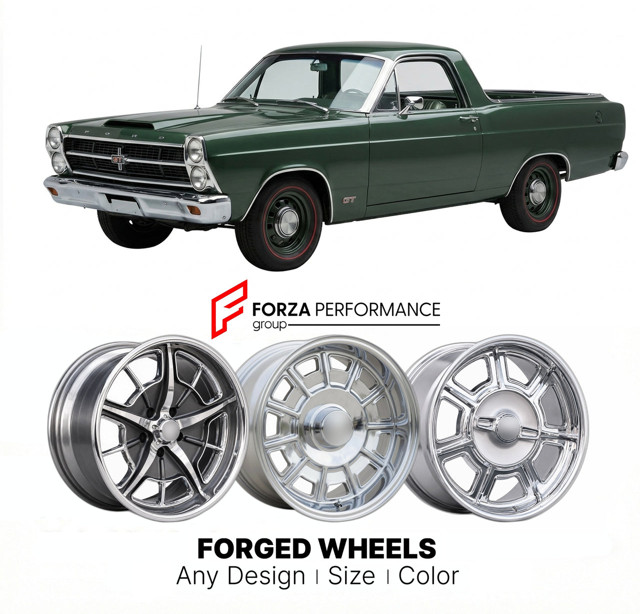 CUSTOM CLASSIC VINTAGE RESTOMOD RETRO OLD SCHOOL FORGED WHEELS RIMS for FORD RANCHERO GT 1967 - 1979
Custom forged wheels for classic American muscle cars. Ideal for restomod builds, vintage restorations, and show cars. Deep dish and retro styling available.

We manufacture premium quality forged wheels rims for Ford Ranchero GT 1967 - 1979 in any design, size, color.

THIS WHEEL DESIGN CAN BE CUSTOM-MADE FOR YOUR CAR IN ANY SIZE AND COLOR OPTIONS
Available in monoblock, 2-piece, 3-piece, duoblock, beadlock