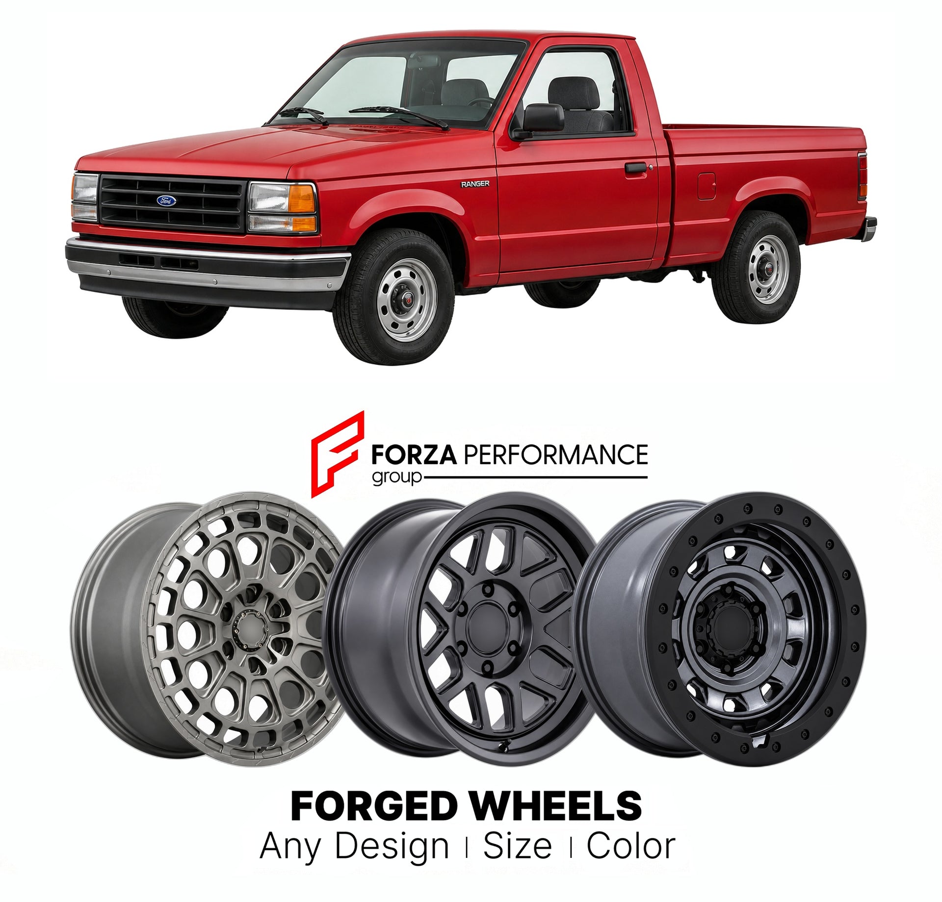 FORGED WHEELS RIMS for FORD RANGER 1990 - 1992

Custom forged wheels for Ford Ranger 1990 - 1992. Made-to-order monoblock, 2-piece and 3-piece rims in custom sizes, offsets, colors and finishes with guaranteed fitment.

We manufacture premium quality forged wheels rims for Ford Ranger 1990 - 1992 in any design, size, color.

THIS WHEEL DESIGN CAN BE CUSTOM-MADE FOR YOUR CAR IN ANY SIZE AND COLOR OPTIONS
Available in monoblock, 2-piece, 3-piece, duoblock, beadlock
3D wheel renderings are provided according t