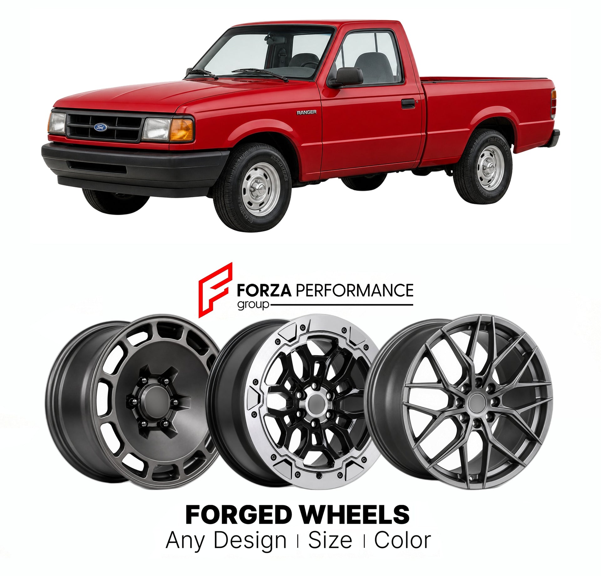 FORGED WHEELS RIMS for FORD RANGER 1993 - 1997

Custom forged wheels for Ford Ranger 1993 - 1997. Made-to-order monoblock, 2-piece and 3-piece rims in custom sizes, offsets, colors and finishes with guaranteed fitment.

We manufacture premium quality forged wheels rims for Ford Ranger 1993 - 1997 in any design, size, color.

THIS WHEEL DESIGN CAN BE CUSTOM-MADE FOR YOUR CAR IN ANY SIZE AND COLOR OPTIONS
Available in monoblock, 2-piece, 3-piece, duoblock, beadlock
3D wheel renderings are provided according t