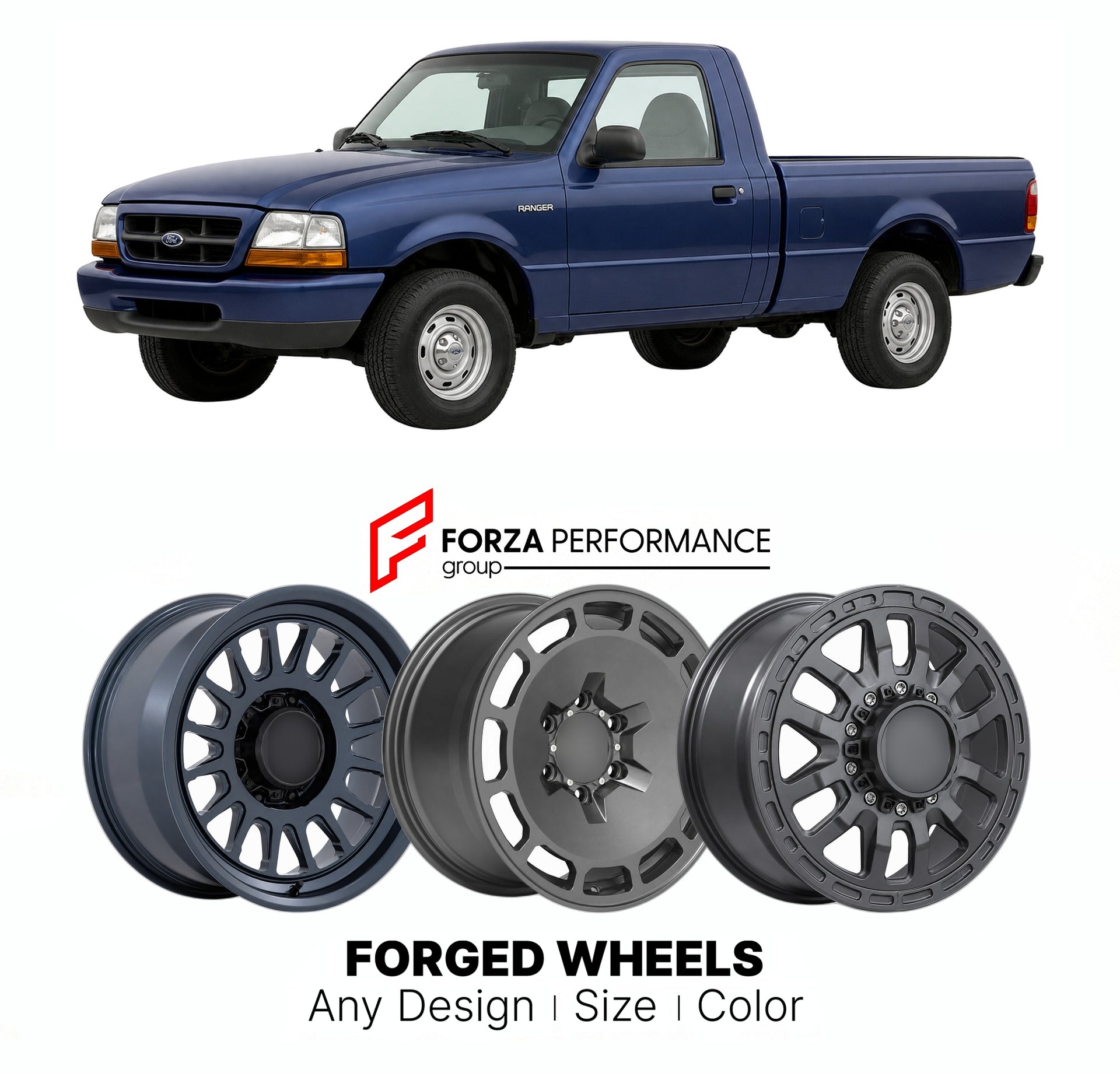 FORGED WHEELS RIMS for FORD RANGER 1998 - 2011

Custom forged wheels for Ford Ranger 1998 - 2011. Made-to-order monoblock, 2-piece and 3-piece rims in custom sizes, offsets, colors and finishes with guaranteed fitment.

We manufacture premium quality forged wheels rims for Ford Ranger 1998 - 2011 in any design, size, color.

THIS WHEEL DESIGN CAN BE CUSTOM-MADE FOR YOUR CAR IN ANY SIZE AND COLOR OPTIONS
Available in monoblock, 2-piece, 3-piece, duoblock, beadlock
3D wheel renderings are provided according t