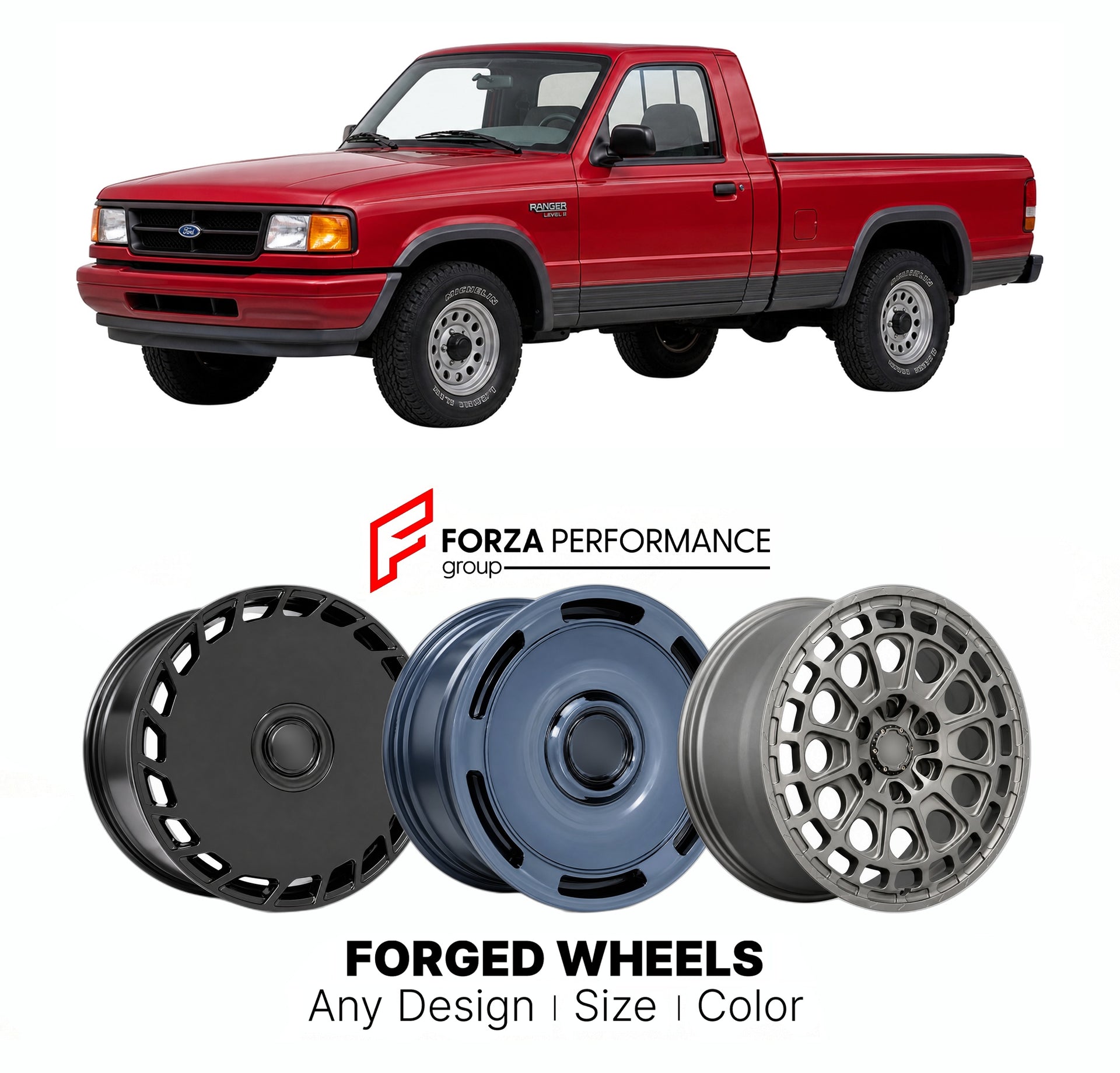 FORGED WHEELS RIMS for FORD RANGER LEVEL II 1990 - 2011

Custom forged wheels for Ford Ranger Level II 1990 - 2011. Made-to-order monoblock, 2-piece and 3-piece rims in custom sizes, offsets, colors and finishes with guaranteed fitment.

We manufacture premium quality forged wheels rims for Ford Ranger Level II 1990 - 2011 in any design, size, color.

THIS WHEEL DESIGN CAN BE CUSTOM-MADE FOR YOUR CAR IN ANY SIZE AND COLOR OPTIONS
Available in monoblock, 2-piece, 3-piece, duoblock, beadlock
3D wheel renderin