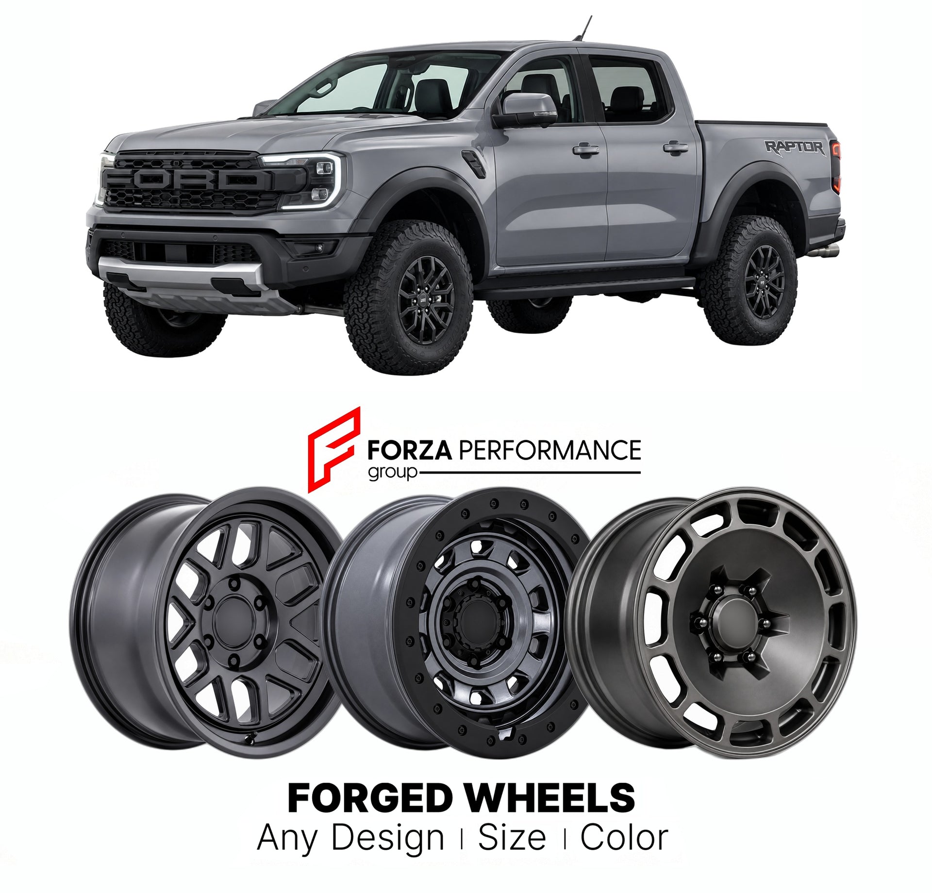FORGED WHEELS RIMS for FORD RANGER RAPTOR 2024+

Custom forged wheels for Ford Ranger Raptor 2024+. Made-to-order monoblock, 2-piece and 3-piece rims in custom sizes, offsets, colors and finishes with guaranteed fitment.

We manufacture premium quality forged wheels rims for Ford Ranger Raptor 2024+ in any design, size, color.

THIS WHEEL DESIGN CAN BE CUSTOM-MADE FOR YOUR CAR IN ANY SIZE AND COLOR OPTIONS
Available in monoblock, 2-piece, 3-piece, duoblock, beadlock
3D wheel renderings are provided accordin