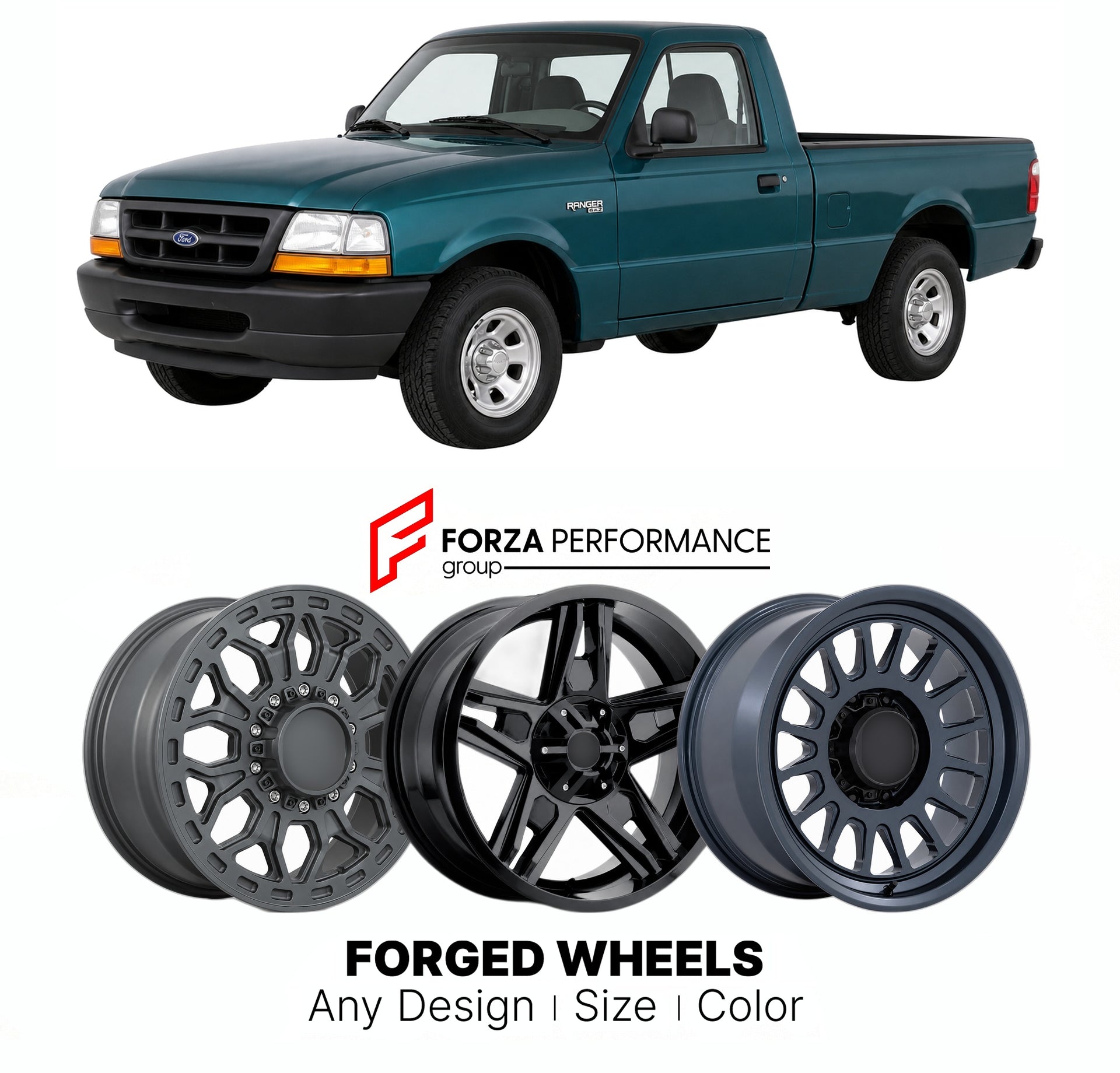 FORGED WHEELS RIMS for FORD RANGER REGULAR CAB 1990 - 2011

Custom forged wheels for Ford Ranger Regular Cab 1990 - 2011. Made-to-order monoblock, 2-piece and 3-piece rims in custom sizes, offsets, colors and finishes with guaranteed fitment.

We manufacture premium quality forged wheels rims for Ford Ranger Regular Cab 1990 - 2011 in any design, size, color.

THIS WHEEL DESIGN CAN BE CUSTOM-MADE FOR YOUR CAR IN ANY SIZE AND COLOR OPTIONS
Available in monoblock, 2-piece, 3-piece, duoblock, beadlock
3D wheel