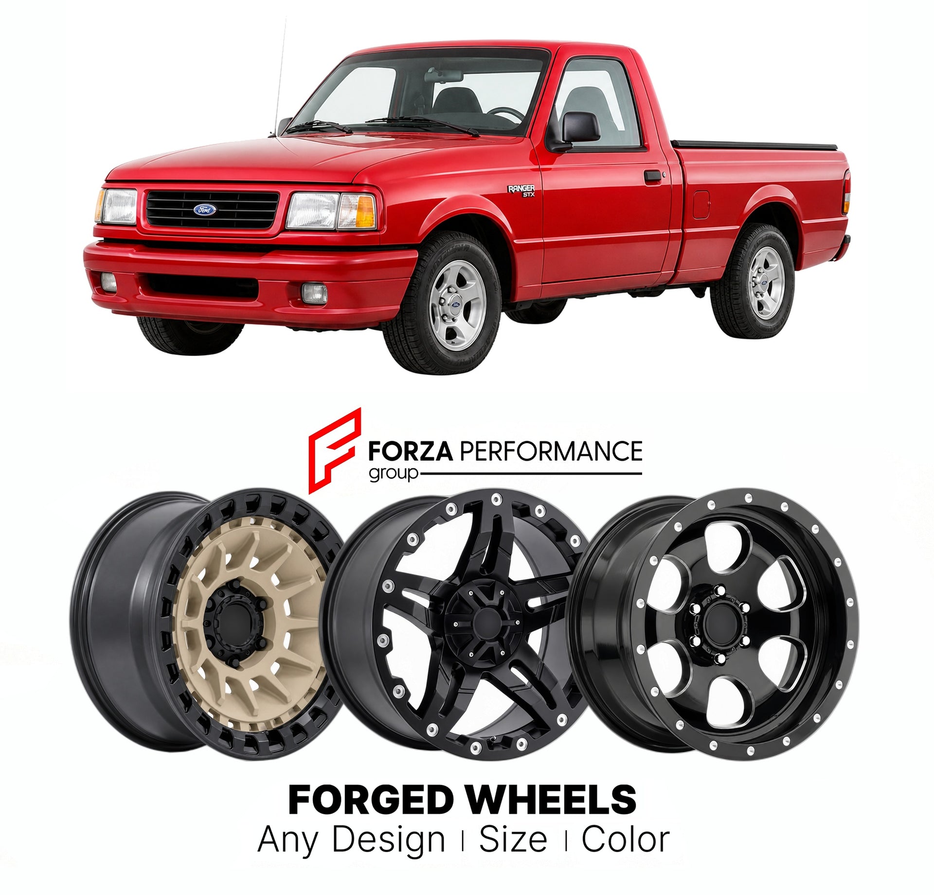 FORGED WHEELS RIMS for FORD RANGER STX 1990 - 2011

Custom forged wheels for Ford Ranger STX 1990 - 2011. Made-to-order monoblock, 2-piece and 3-piece rims in custom sizes, offsets, colors and finishes with guaranteed fitment.

We manufacture premium quality forged wheels rims for Ford Ranger STX 1990 - 2011 in any design, size, color.

THIS WHEEL DESIGN CAN BE CUSTOM-MADE FOR YOUR CAR IN ANY SIZE AND COLOR OPTIONS
Available in monoblock, 2-piece, 3-piece, duoblock, beadlock
3D wheel renderings are provided