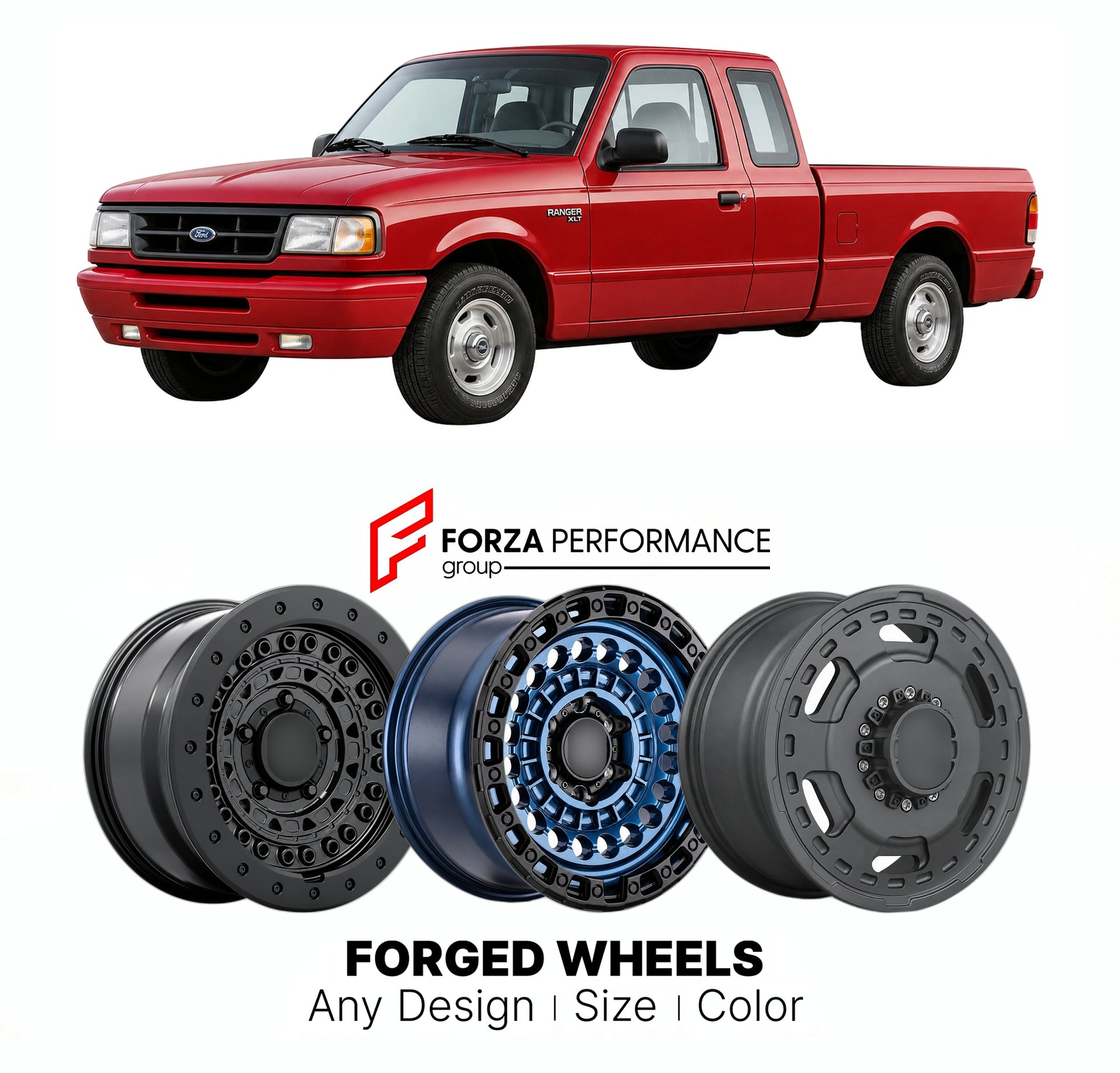 FORGED WHEELS RIMS for FORD RANGER SUPERCAB 1990 - 2011

Custom forged wheels for Ford Ranger SuperCab 1990 - 2011. Made-to-order monoblock, 2-piece and 3-piece rims in custom sizes, offsets, colors and finishes with guaranteed fitment.

We manufacture premium quality forged wheels rims for Ford Ranger SuperCab 1990 - 2011 in any design, size, color.

THIS WHEEL DESIGN CAN BE CUSTOM-MADE FOR YOUR CAR IN ANY SIZE AND COLOR OPTIONS
Available in monoblock, 2-piece, 3-piece, duoblock, beadlock
3D wheel renderin
