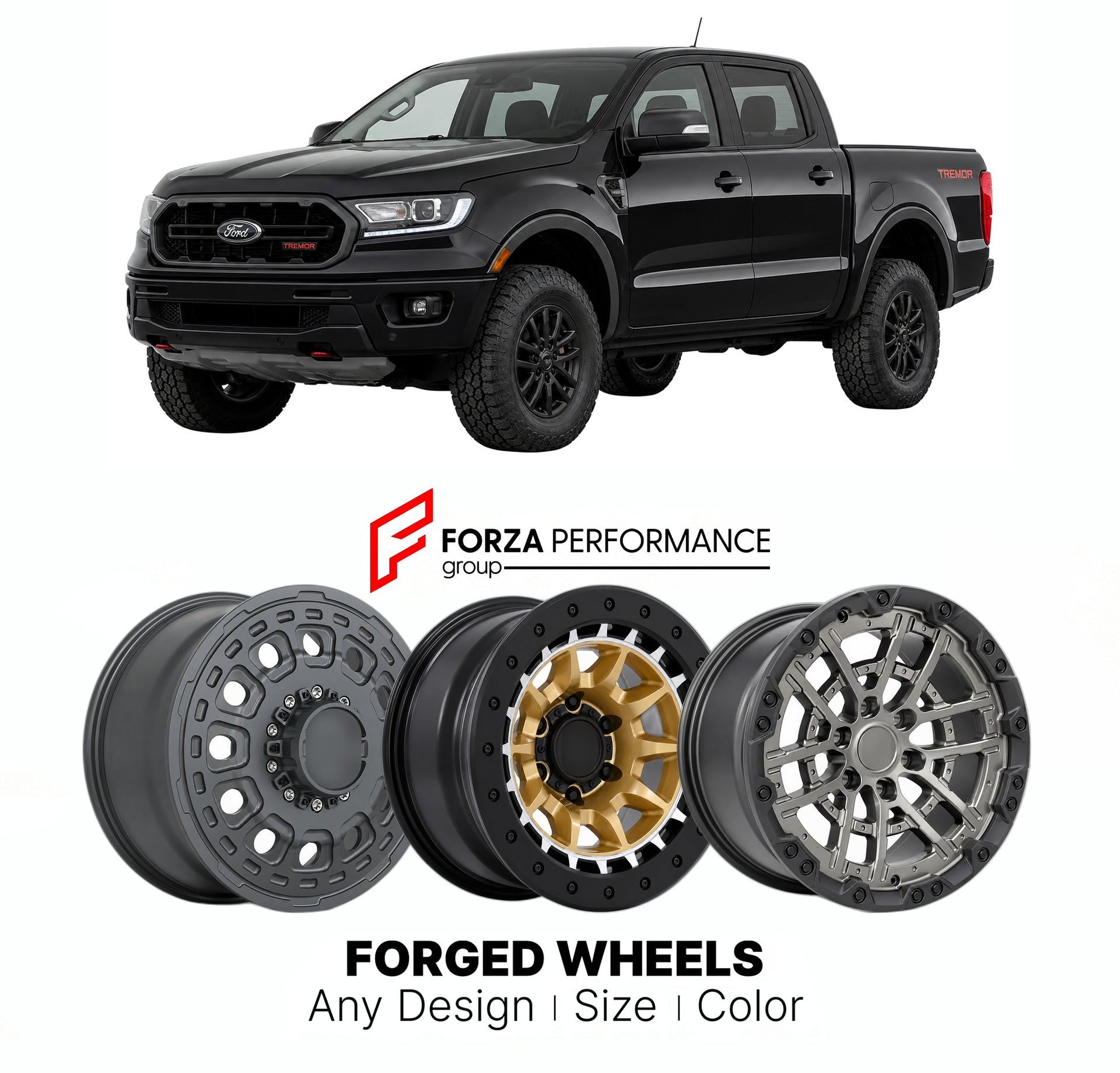 FORGED WHEELS RIMS for FORD RANGER TREMOR T6 NORTH AMERICA 2019+

Custom forged wheels for Ford Ranger Tremor T6 North America 2019+. Made-to-order monoblock, 2-piece and 3-piece rims in custom sizes, offsets, colors and finishes with guaranteed fitment.

We manufacture premium quality forged wheels rims for Ford Ranger Tremor T6 North America 2019+ in any design, size, color.

THIS WHEEL DESIGN CAN BE CUSTOM-MADE FOR YOUR CAR IN ANY SIZE AND COLOR OPTIONS
Available in monoblock, 2-piece, 3-piece, duoblock,