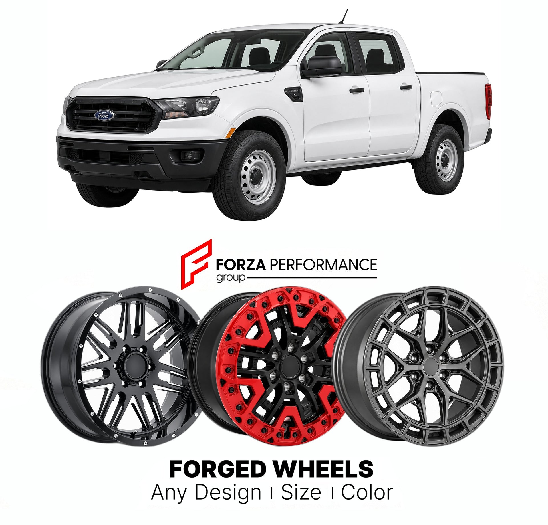 FORGED WHEELS RIMS for FORD RANGER XL T6 NORTH AMERICA 2019+

Custom forged wheels for Ford Ranger XL T6 North America 2019+. Made-to-order monoblock, 2-piece and 3-piece rims in custom sizes, offsets, colors and finishes with guaranteed fitment.

We manufacture premium quality forged wheels rims for Ford Ranger XL T6 North America 2019+ in any design, size, color.

THIS WHEEL DESIGN CAN BE CUSTOM-MADE FOR YOUR CAR IN ANY SIZE AND COLOR OPTIONS
Available in monoblock, 2-piece, 3-piece, duoblock, beadlock
3D