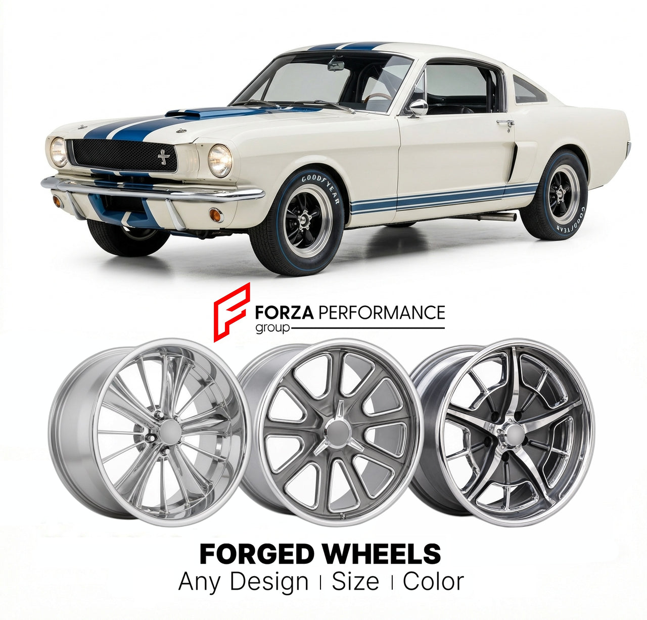 CUSTOM CLASSIC VINTAGE RESTOMOD RETRO OLD SCHOOL FORGED WHEELS RIMS for FORD SHELBY GT350R 1965 - 1966
Custom forged wheels for classic American muscle cars. Ideal for restomod builds, vintage restorations, and show cars. Deep dish and retro styling available.

We manufacture premium quality forged wheels rims for Ford Shelby GT350R 1965 - 1966 in any design, size, color.

THIS WHEEL DESIGN CAN BE CUSTOM-MADE FOR YOUR CAR IN ANY SIZE AND COLOR OPTIONS
Available in monoblock, 2-piece, 3-piece, duoblock, bead