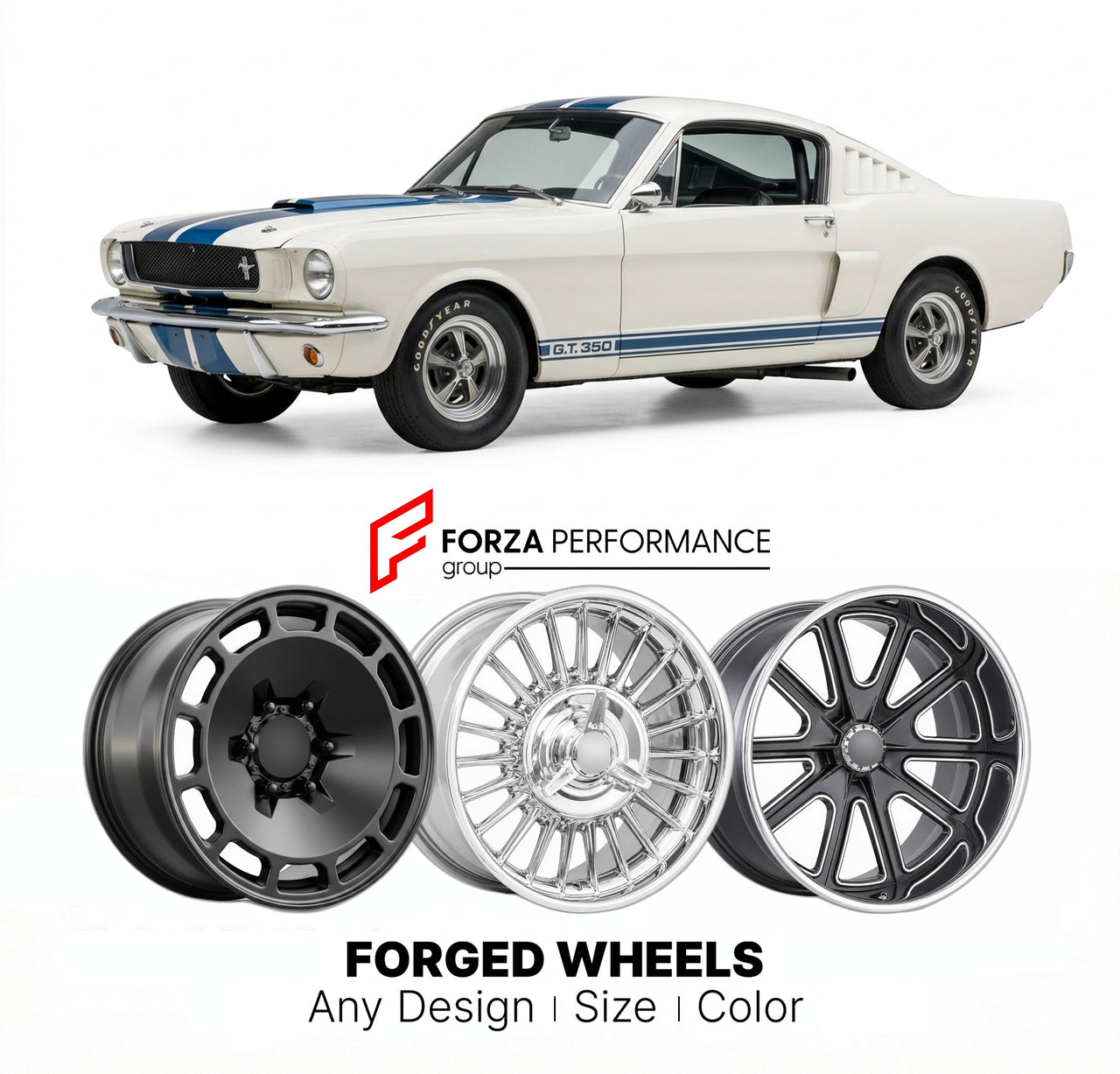CUSTOM CLASSIC VINTAGE RESTOMOD RETRO OLD SCHOOL FORGED WHEELS RIMS for FORD SHELBY GT350 1965 - 1966
Custom forged wheels for classic American muscle cars. Ideal for restomod builds, vintage restorations, and show cars. Deep dish and retro styling available.

We manufacture premium quality forged wheels rims for Ford Shelby GT350 1965 - 1966 in any design, size, color.

THIS WHEEL DESIGN CAN BE CUSTOM-MADE FOR YOUR CAR IN ANY SIZE AND COLOR OPTIONS
Available in monoblock, 2-piece, 3-piece, duoblock, beadlo