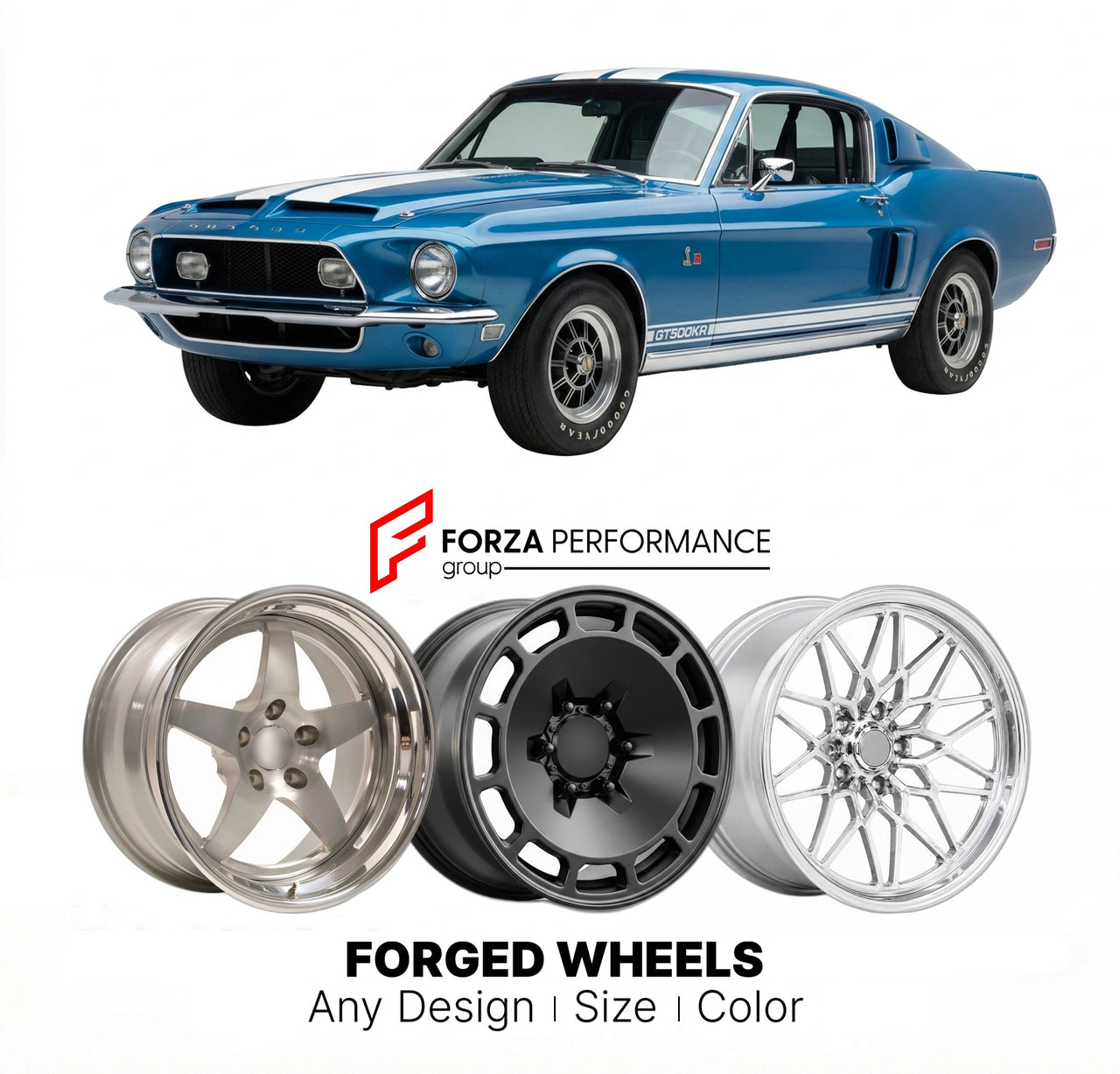 CUSTOM CLASSIC VINTAGE RESTOMOD RETRO OLD SCHOOL FORGED WHEELS RIMS for FORD SHELBY GT500KR 1968 - 1969
Custom forged wheels for classic American muscle cars. Ideal for restomod builds, vintage restorations, and show cars. Deep dish and retro styling available.

We manufacture premium quality forged wheels rims for Ford Shelby GT500KR 1968 - 1969 in any design, size, color.

THIS WHEEL DESIGN CAN BE CUSTOM-MADE FOR YOUR CAR IN ANY SIZE AND COLOR OPTIONS
Available in monoblock, 2-piece, 3-piece, duoblock, be