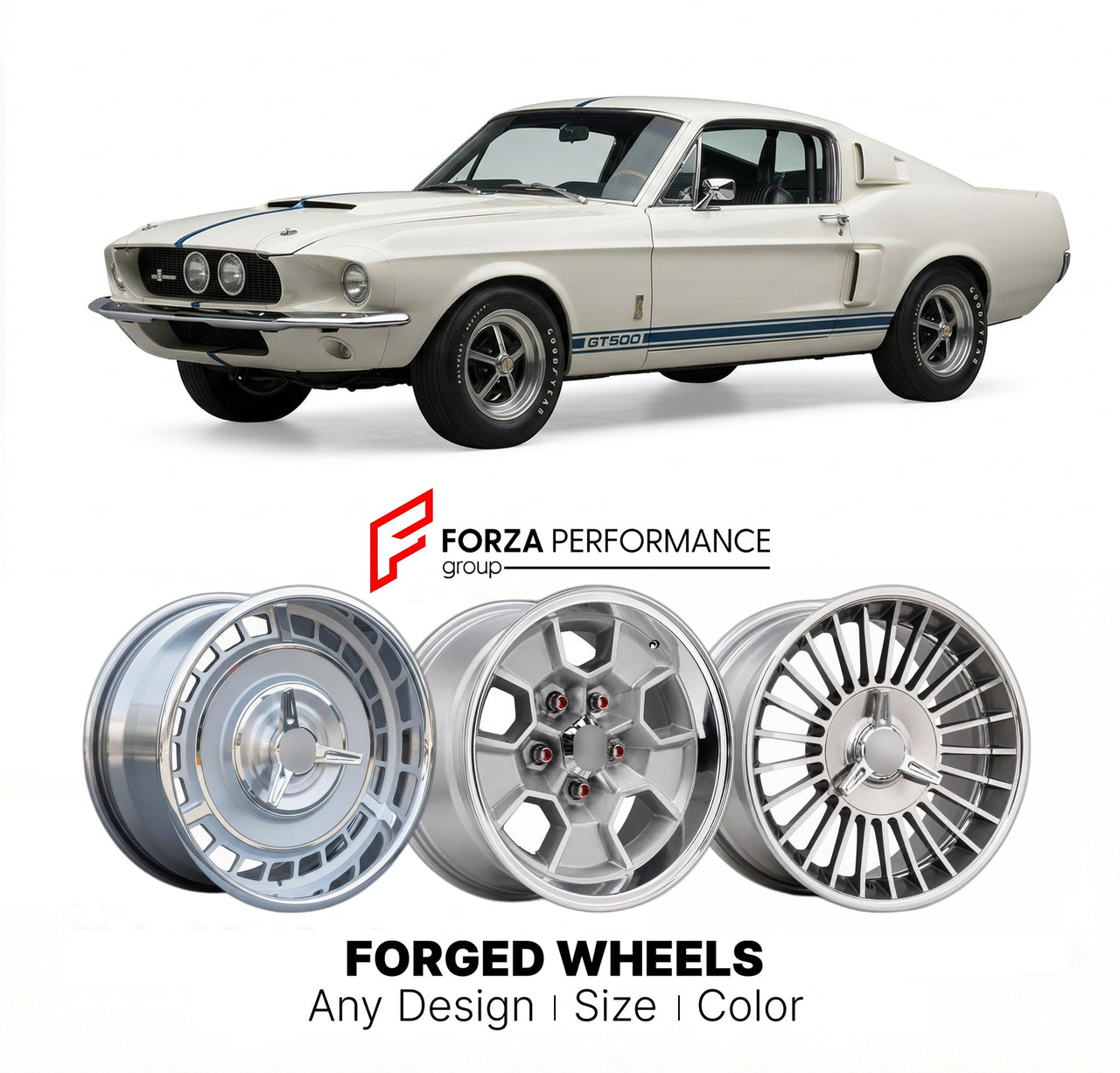 CUSTOM CLASSIC VINTAGE RESTOMOD RETRO OLD SCHOOL FORGED WHEELS RIMS for FORD SHELBY GT500 1967 - 1968
Custom forged wheels for classic American muscle cars. Ideal for restomod builds, vintage restorations, and show cars. Deep dish and retro styling available.

We manufacture premium quality forged wheels rims for Ford Shelby GT500 1967 - 1968 in any design, size, color.

THIS WHEEL DESIGN CAN BE CUSTOM-MADE FOR YOUR CAR IN ANY SIZE AND COLOR OPTIONS
Available in monoblock, 2-piece, 3-piece, duoblock, beadlo