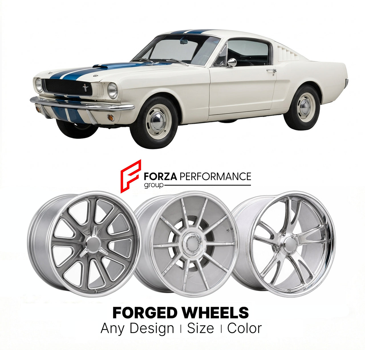 CUSTOM CLASSIC VINTAGE RESTOMOD RETRO OLD SCHOOL FORGED WHEELS RIMS for FORD SHELBY MUSTANG GT350 1965 - 1970
Custom forged wheels for classic American muscle cars. Ideal for restomod builds, vintage restorations, and show cars. Deep dish and retro styling available.

We manufacture premium quality forged wheels rims for Ford Shelby Mustang GT350 1965 - 1970 in any design, size, color.

THIS WHEEL DESIGN CAN BE CUSTOM-MADE FOR YOUR CAR IN ANY SIZE AND COLOR OPTIONS
Available in monoblock, 2-piece, 3-piece, 