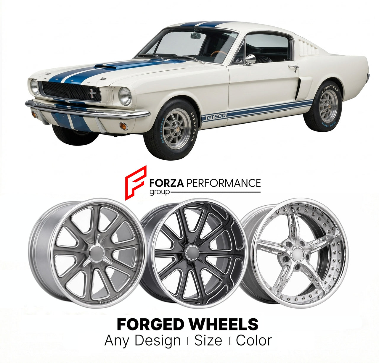CUSTOM CLASSIC VINTAGE RESTOMOD RETRO OLD SCHOOL FORGED WHEELS RIMS for FORD SHELBY MUSTANG GT500 1965 - 1970
Custom forged wheels for classic American muscle cars. Ideal for restomod builds, vintage restorations, and show cars. Deep dish and retro styling available.

We manufacture premium quality forged wheels rims for Ford Shelby Mustang GT500 1965 - 1970 in any design, size, color.

THIS WHEEL DESIGN CAN BE CUSTOM-MADE FOR YOUR CAR IN ANY SIZE AND COLOR OPTIONS
Available in monoblock, 2-piece, 3-piece, 