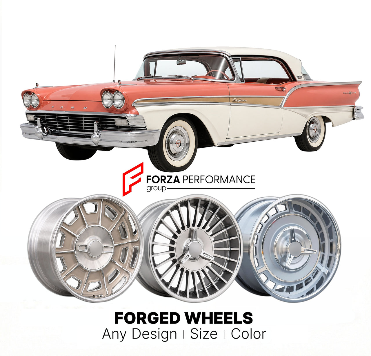 CUSTOM CLASSIC VINTAGE RESTOMOD RETRO OLD SCHOOL FORGED WHEELS RIMS for FORD SKYLINER 1958 - 1959
Custom forged wheels for classic American muscle cars. Ideal for restomod builds, vintage restorations, and show cars. Deep dish and retro styling available.

We manufacture premium quality forged wheels rims for Ford Skyliner 1958 - 1959 in any design, size, color.

THIS WHEEL DESIGN CAN BE CUSTOM-MADE FOR YOUR CAR IN ANY SIZE AND COLOR OPTIONS
Available in monoblock, 2-piece, 3-piece, duoblock, beadlock
3D wh