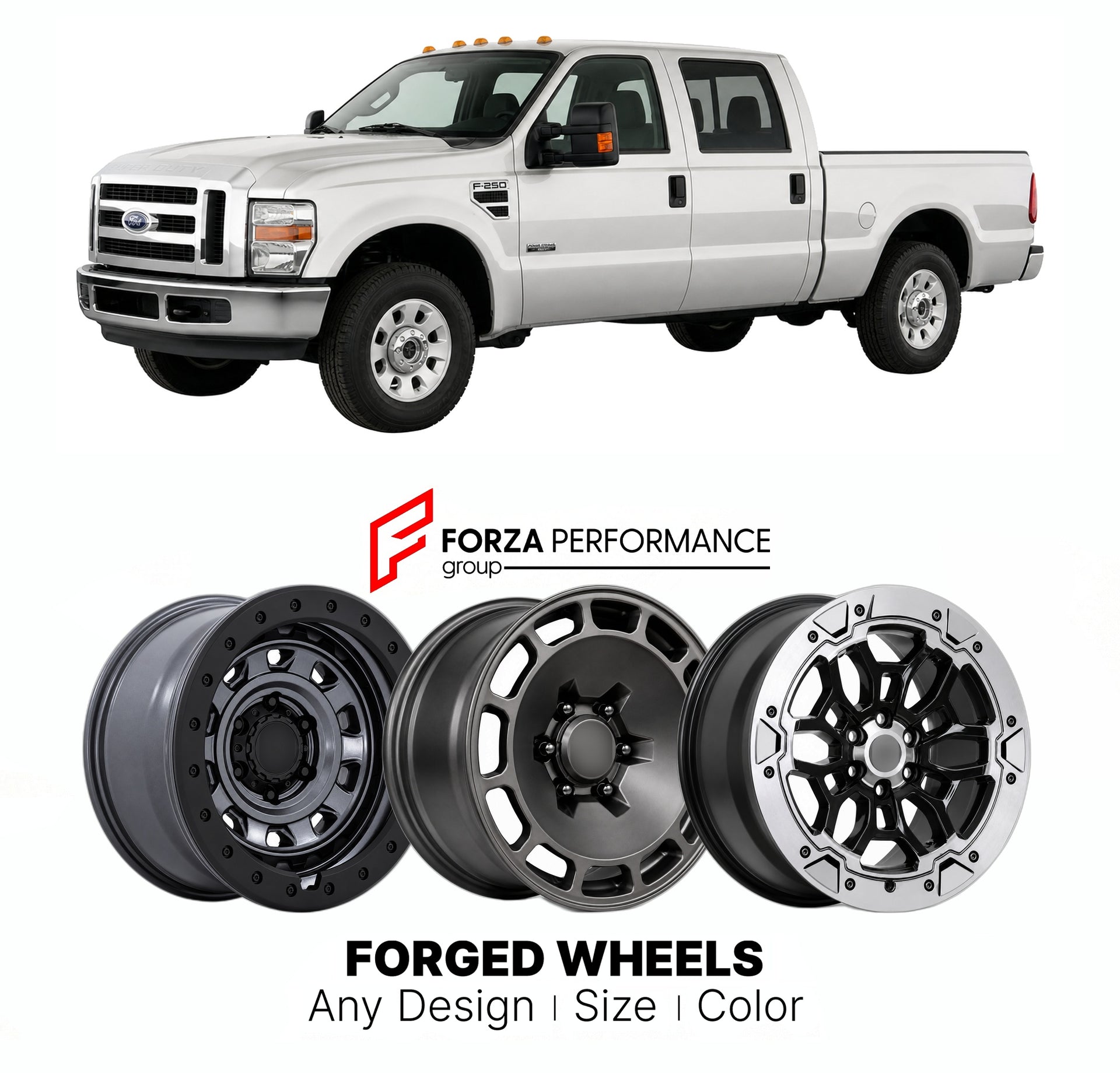 FORGED WHEELS RIMS for FORD SUPER DUTY 2008 - 2010

Custom forged wheels for Ford Super Duty 2008 - 2010. Made-to-order monoblock, 2-piece and 3-piece rims in custom sizes, offsets, colors and finishes with guaranteed fitment.

We manufacture premium quality forged wheels rims for Ford Super Duty 2008 - 2010 in any design, size, color.

THIS WHEEL DESIGN CAN BE CUSTOM-MADE FOR YOUR CAR IN ANY SIZE AND COLOR OPTIONS
Available in monoblock, 2-piece, 3-piece, duoblock, beadlock
3D wheel renderings are provided