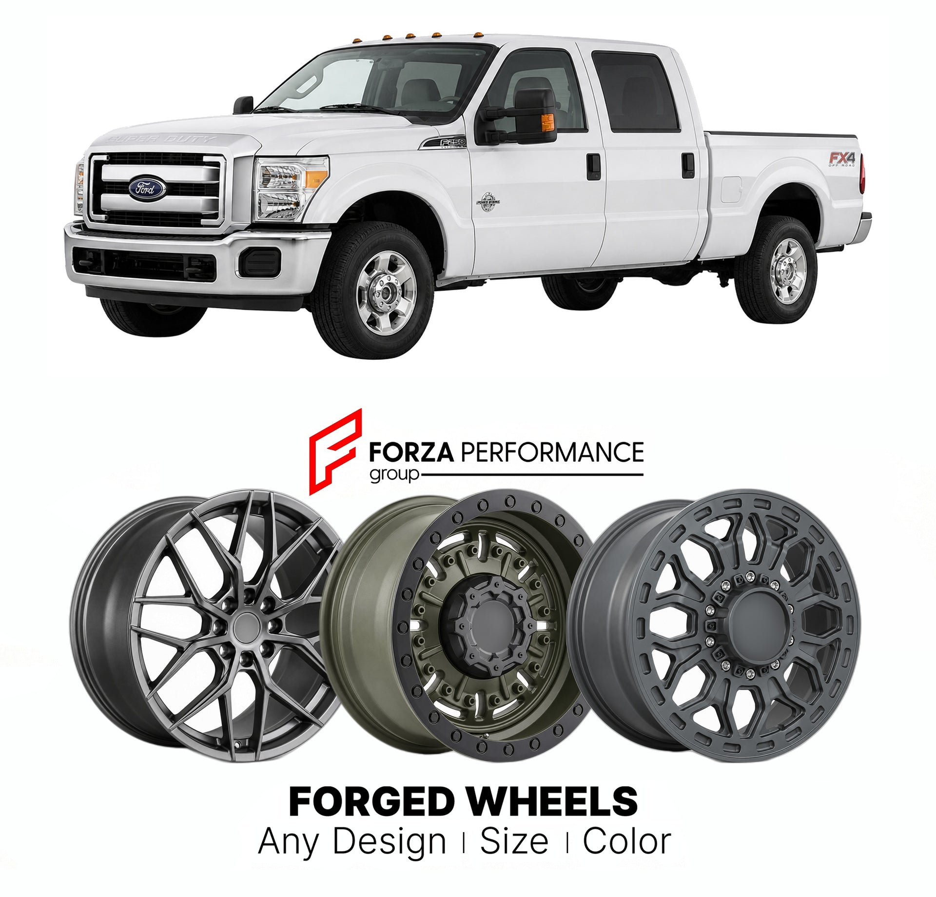 FORGED WHEELS RIMS for FORD SUPER DUTY 2011 - 2016

Custom forged wheels for Ford Super Duty 2011 - 2016. Made-to-order monoblock, 2-piece and 3-piece rims in custom sizes, offsets, colors and finishes with guaranteed fitment.

We manufacture premium quality forged wheels rims for Ford Super Duty 2011 - 2016 in any design, size, color.

THIS WHEEL DESIGN CAN BE CUSTOM-MADE FOR YOUR CAR IN ANY SIZE AND COLOR OPTIONS
Available in monoblock, 2-piece, 3-piece, duoblock, beadlock
3D wheel renderings are provided