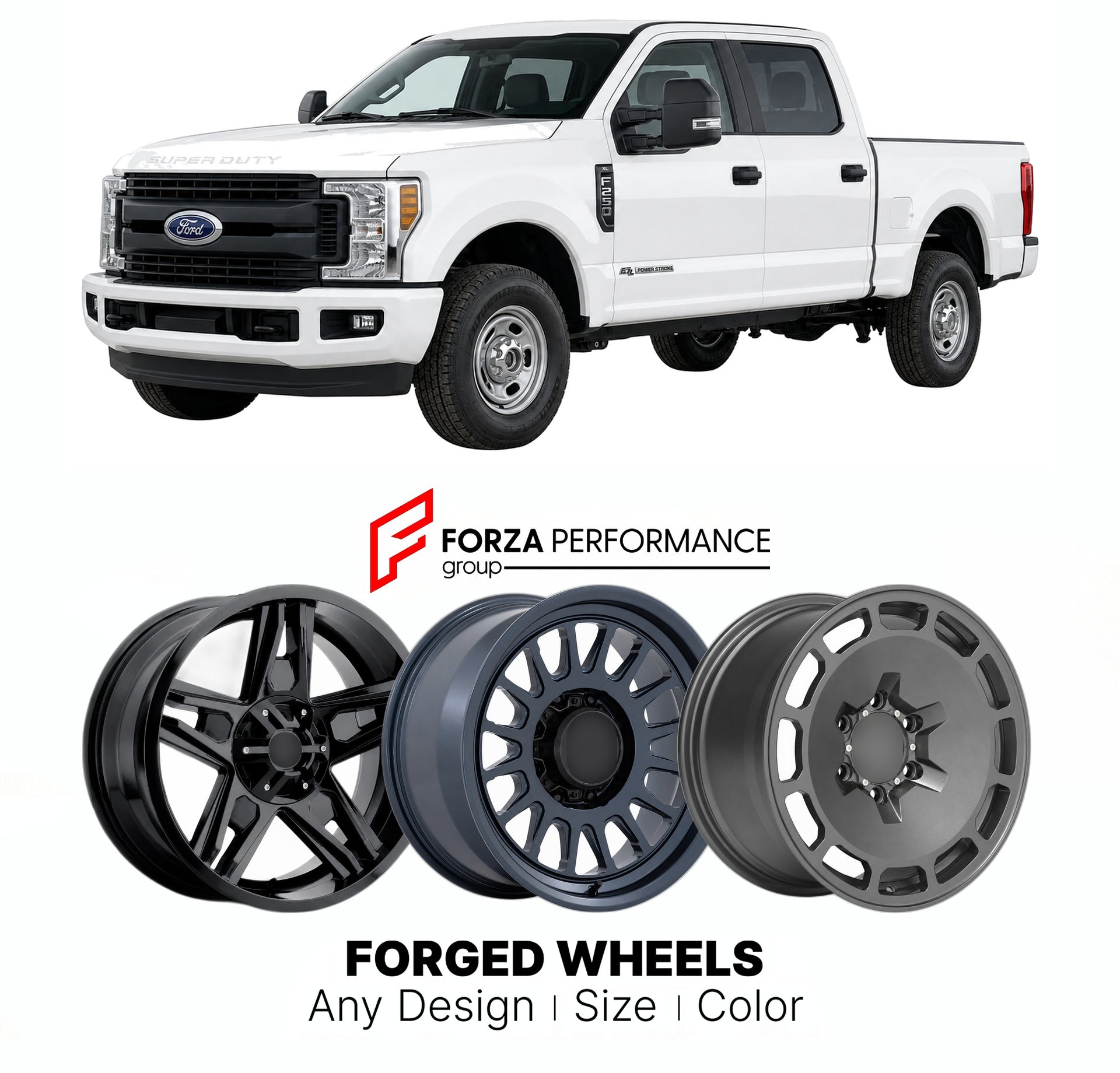 FORGED WHEELS RIMS for FORD SUPER DUTY 2017 - 2022

Custom forged wheels for Ford Super Duty 2017 - 2022. Made-to-order monoblock, 2-piece and 3-piece rims in custom sizes, offsets, colors and finishes with guaranteed fitment.

We manufacture premium quality forged wheels rims for Ford Super Duty 2017 - 2022 in any design, size, color.

THIS WHEEL DESIGN CAN BE CUSTOM-MADE FOR YOUR CAR IN ANY SIZE AND COLOR OPTIONS
Available in monoblock, 2-piece, 3-piece, duoblock, beadlock
3D wheel renderings are provided