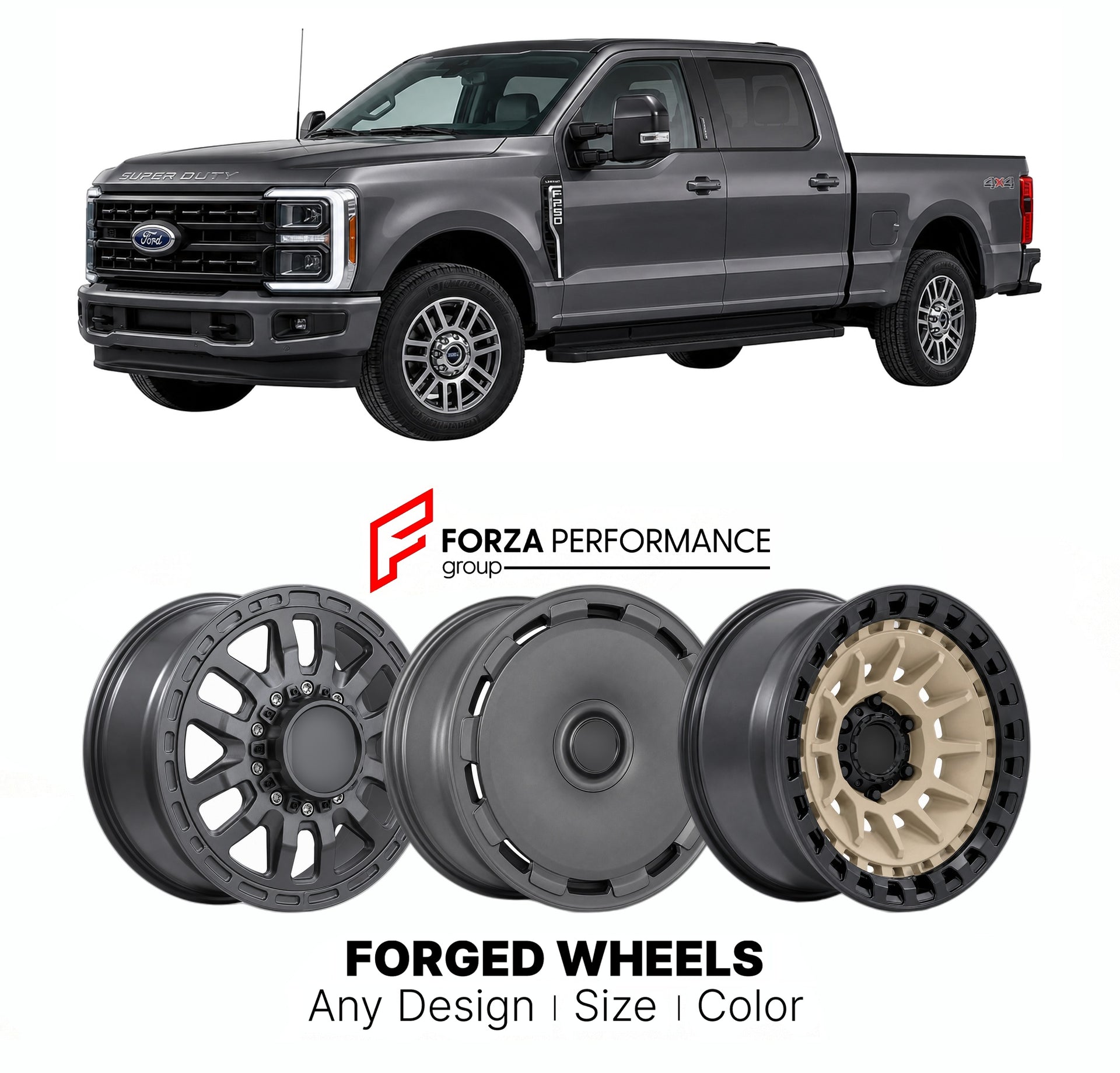 FORGED WHEELS RIMS for FORD SUPER DUTY 2023+

Custom forged wheels for Ford Super Duty 2023+. Made-to-order monoblock, 2-piece and 3-piece rims in custom sizes, offsets, colors and finishes with guaranteed fitment.

We manufacture premium quality forged wheels rims for Ford Super Duty 2023+ in any design, size, color.

THIS WHEEL DESIGN CAN BE CUSTOM-MADE FOR YOUR CAR IN ANY SIZE AND COLOR OPTIONS
Available in monoblock, 2-piece, 3-piece, duoblock, beadlock
3D wheel renderings are provided according to the 