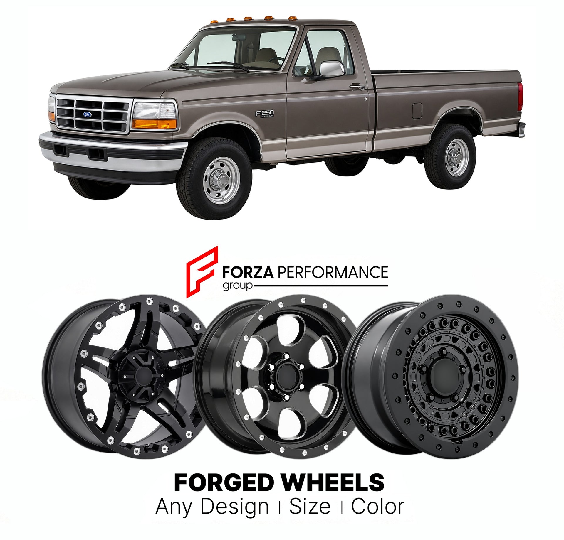 FORGED WHEELS RIMS for FORD SUPER DUTY F-250 OBS 1992 - 2007

Custom forged wheels for Ford Super Duty F-250 OBS 1992 - 2007. Made-to-order monoblock, 2-piece and 3-piece rims in custom sizes, offsets, colors and finishes with guaranteed fitment.

We manufacture premium quality forged wheels rims for Ford Super Duty F-250 OBS 1992 - 2007 in any design, size, color.

THIS WHEEL DESIGN CAN BE CUSTOM-MADE FOR YOUR CAR IN ANY SIZE AND COLOR OPTIONS
Available in monoblock, 2-piece, 3-piece, duoblock, beadlock
3D