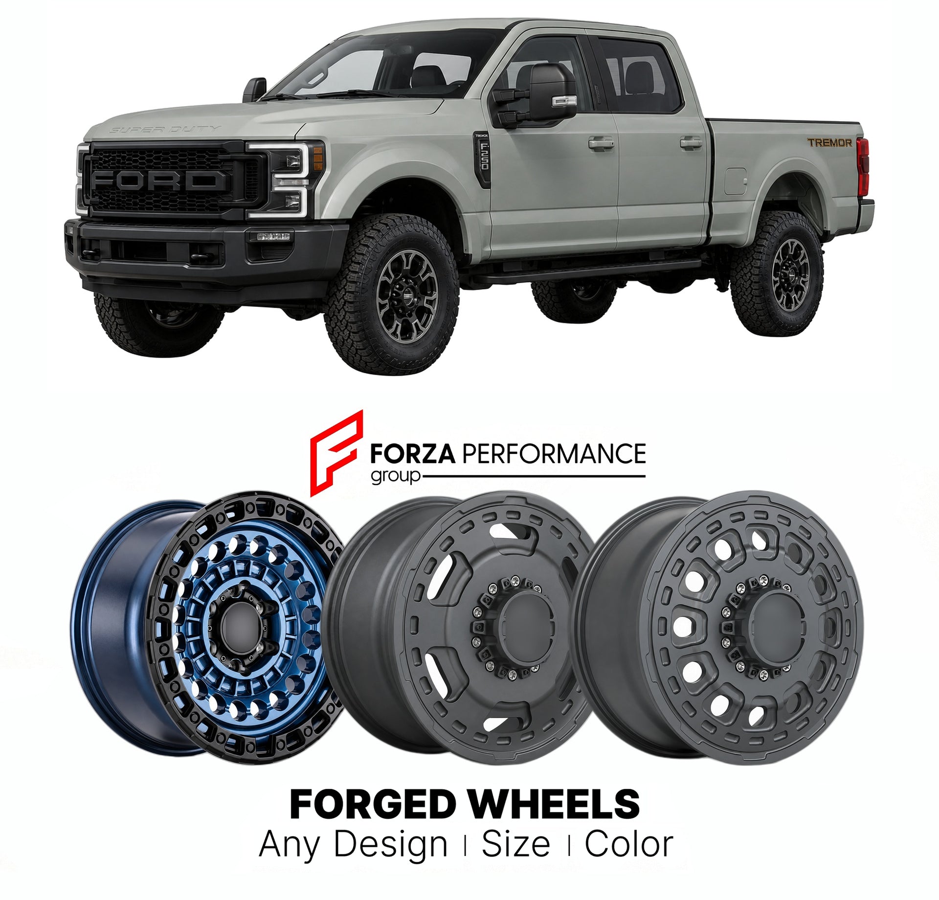 FORGED WHEELS RIMS for FORD SUPER DUTY F-250 TREMOR 2008+

Custom forged wheels for Ford Super Duty F-250 Tremor 2008+. Made-to-order monoblock, 2-piece and 3-piece rims in custom sizes, offsets, colors and finishes with guaranteed fitment.

We manufacture premium quality forged wheels rims for Ford Super Duty F-250 Tremor 2008+ in any design, size, color.

THIS WHEEL DESIGN CAN BE CUSTOM-MADE FOR YOUR CAR IN ANY SIZE AND COLOR OPTIONS
Available in monoblock, 2-piece, 3-piece, duoblock, beadlock
3D wheel re