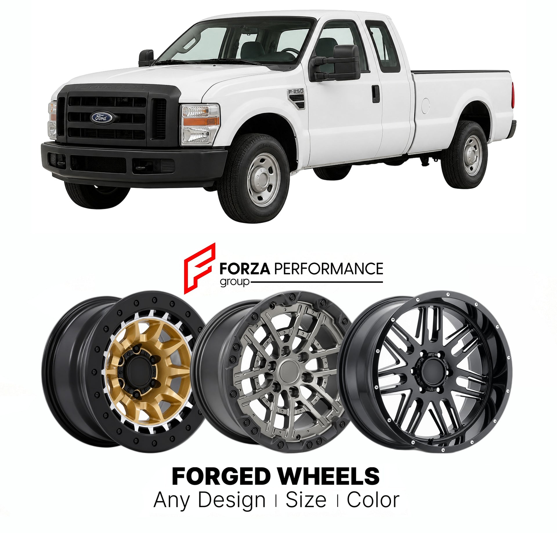 FORGED WHEELS RIMS for FORD SUPER DUTY F-250 XL 2008+

Custom forged wheels for Ford Super Duty F-250 XL 2008+. Made-to-order monoblock, 2-piece and 3-piece rims in custom sizes, offsets, colors and finishes with guaranteed fitment.

We manufacture premium quality forged wheels rims for Ford Super Duty F-250 XL 2008+ in any design, size, color.

THIS WHEEL DESIGN CAN BE CUSTOM-MADE FOR YOUR CAR IN ANY SIZE AND COLOR OPTIONS
Available in monoblock, 2-piece, 3-piece, duoblock, beadlock
3D wheel renderings are