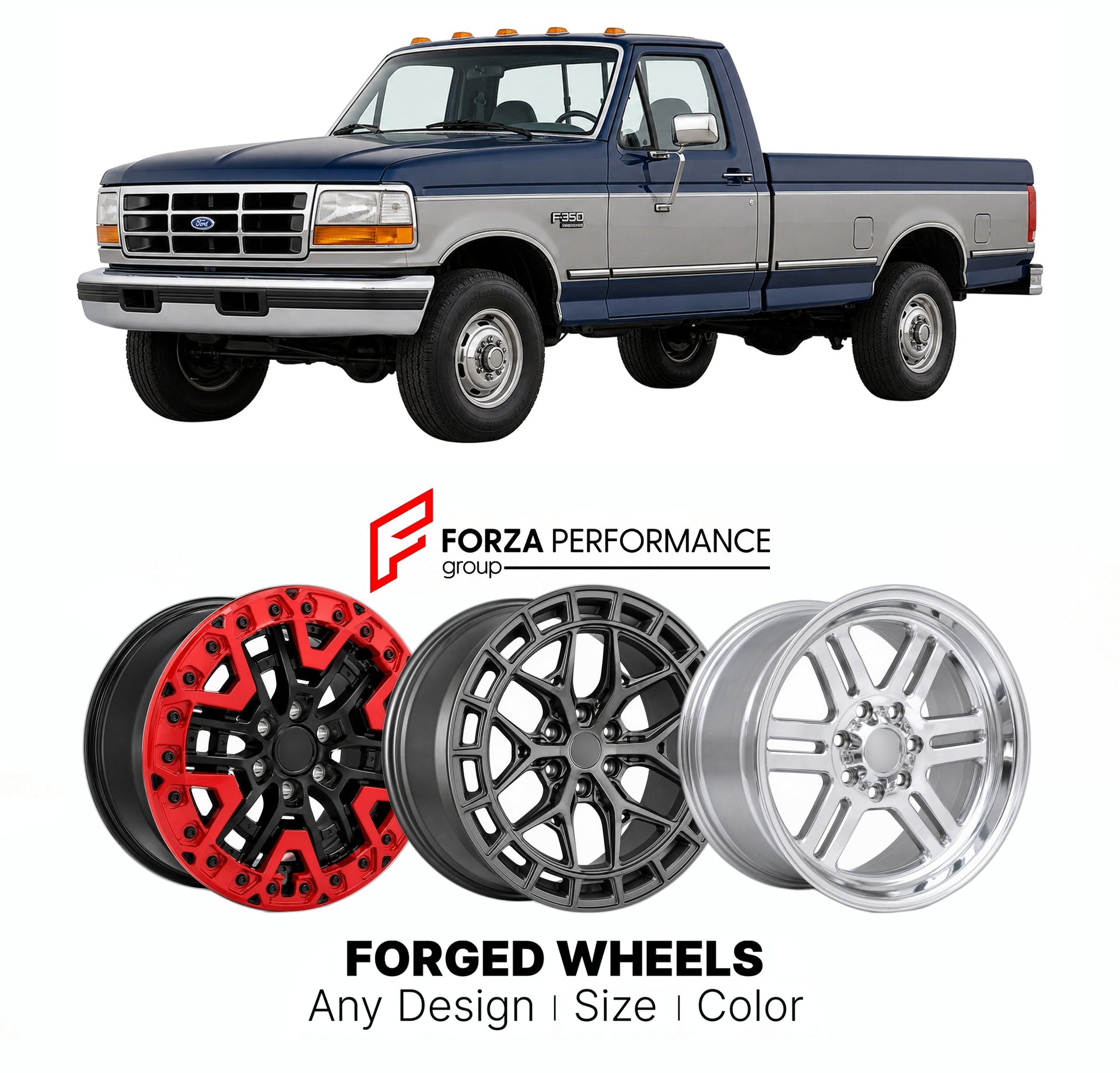 FORGED WHEELS RIMS for FORD SUPER DUTY F-350 OBS 1992 - 2007

Custom forged wheels for Ford Super Duty F-350 OBS 1992 - 2007. Made-to-order monoblock, 2-piece and 3-piece rims in custom sizes, offsets, colors and finishes with guaranteed fitment.

We manufacture premium quality forged wheels rims for Ford Super Duty F-350 OBS 1992 - 2007 in any design, size, color.

THIS WHEEL DESIGN CAN BE CUSTOM-MADE FOR YOUR CAR IN ANY SIZE AND COLOR OPTIONS
Available in monoblock, 2-piece, 3-piece, duoblock, beadlock
3D