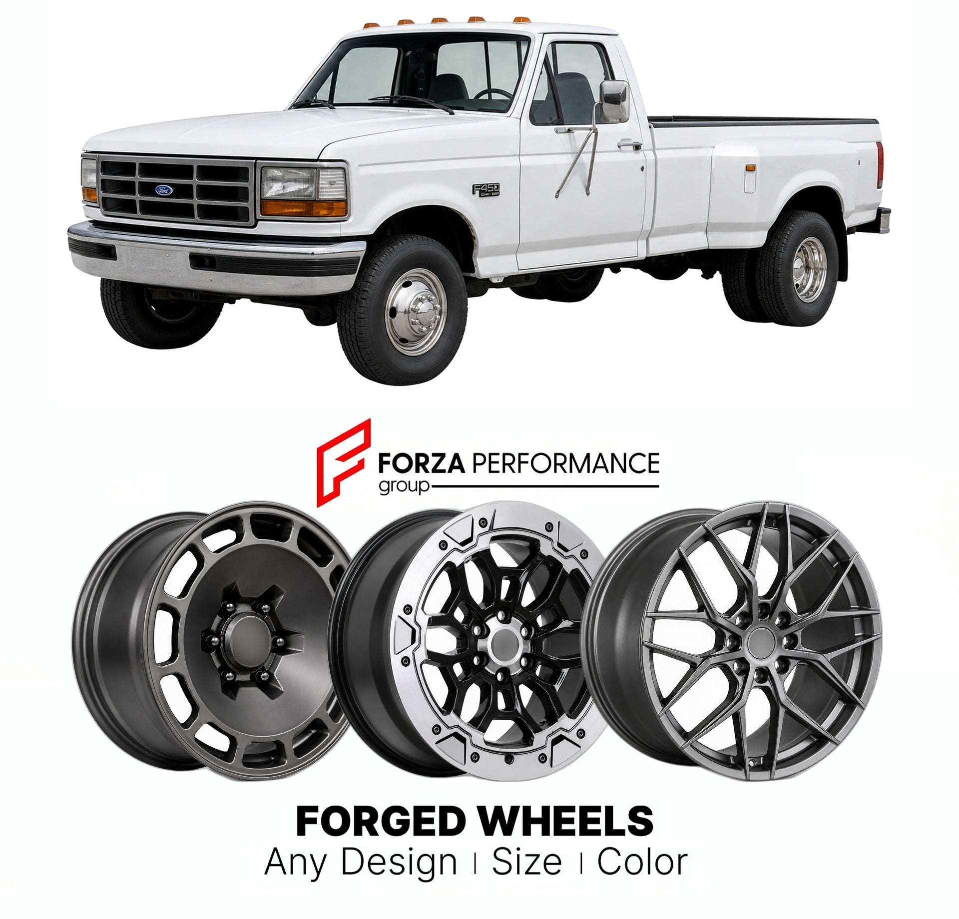 FORGED WHEELS RIMS for FORD SUPER DUTY F-450 OBS 1992 - 2007

Custom forged wheels for Ford Super Duty F-450 OBS 1992 - 2007. Made-to-order monoblock, 2-piece and 3-piece rims in custom sizes, offsets, colors and finishes with guaranteed fitment.

We manufacture premium quality forged wheels rims for Ford Super Duty F-450 OBS 1992 - 2007 in any design, size, color.

THIS WHEEL DESIGN CAN BE CUSTOM-MADE FOR YOUR CAR IN ANY SIZE AND COLOR OPTIONS
Available in monoblock, 2-piece, 3-piece, duoblock, beadlock
3D
