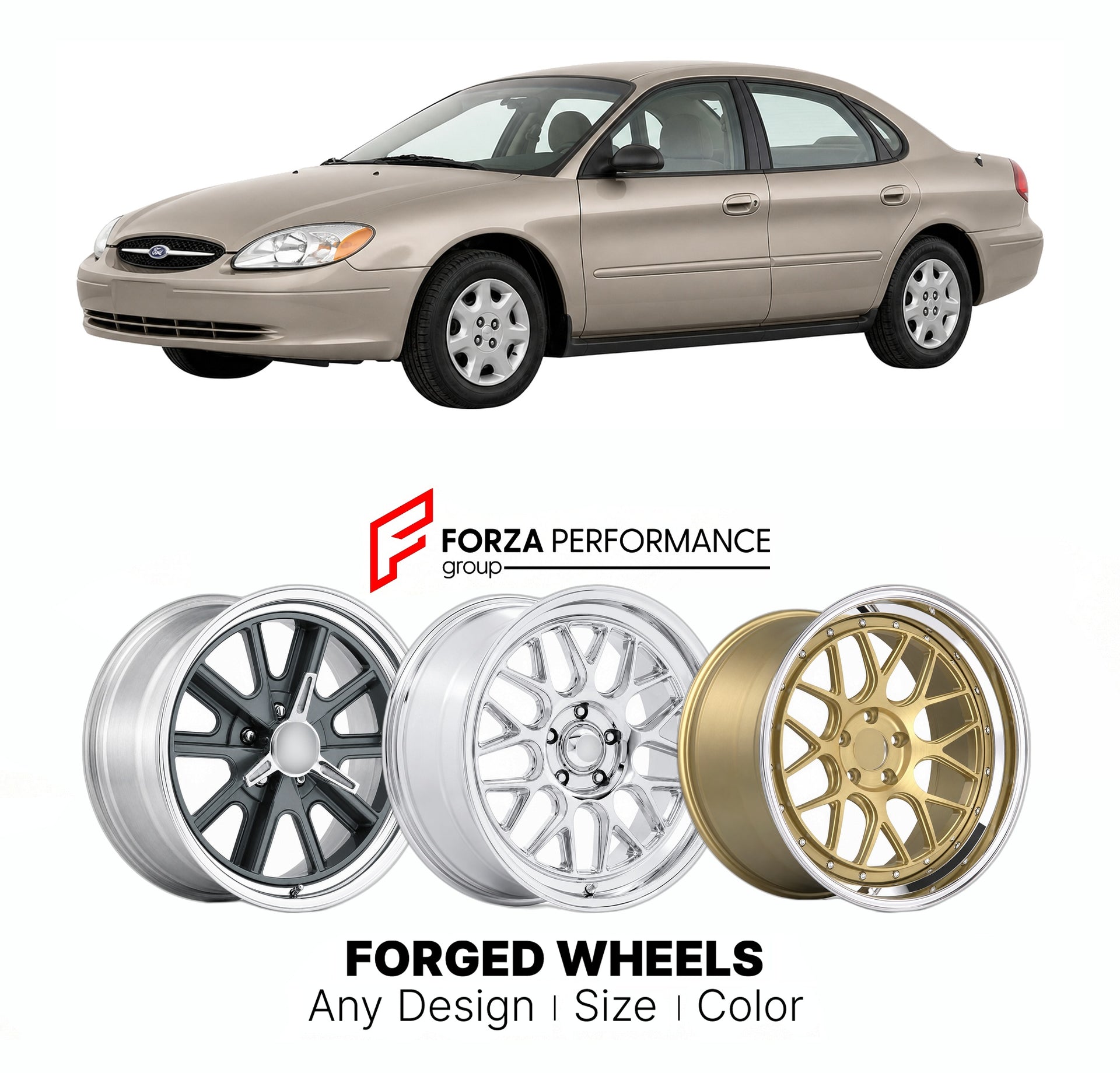 FORGED WHEELS RIMS for FORD TAURUS 2000 - 2007

Custom forged wheels for Ford Taurus 2000 - 2007. Made-to-order monoblock, 2-piece and 3-piece rims in custom sizes, offsets, colors and finishes with guaranteed fitment.

We manufacture premium quality forged wheels rims for Ford Taurus 2000 - 2007 in any design, size, color.

THIS WHEEL DESIGN CAN BE CUSTOM-MADE FOR YOUR CAR IN ANY SIZE AND COLOR OPTIONS
Available in monoblock, 2-piece, 3-piece, duoblock, beadlock
3D wheel renderings are provided according t